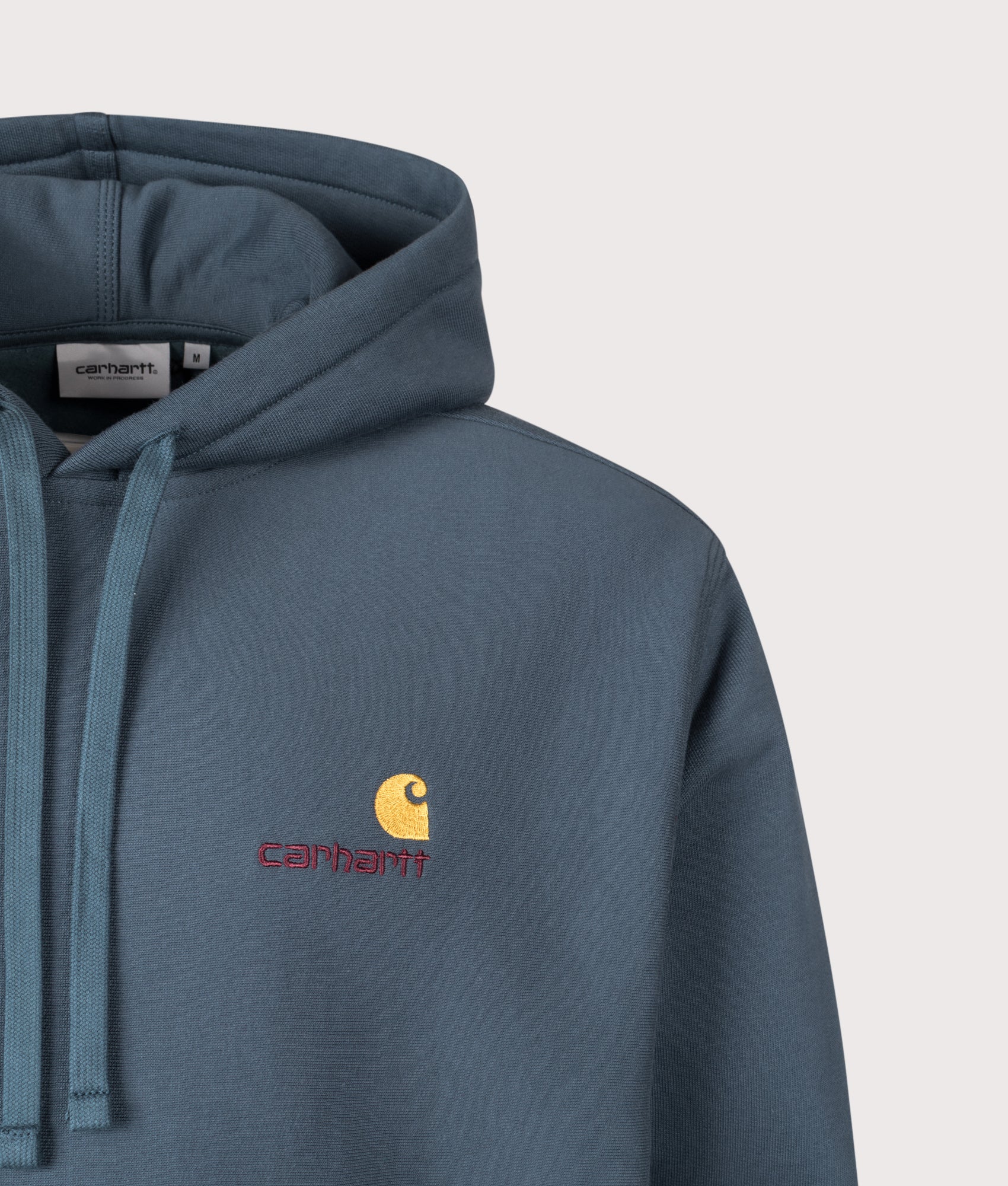 Relaxed Fit American Script Hoodie in Office Blue | Carhartt WIP | EQVVS | Front detail shot 