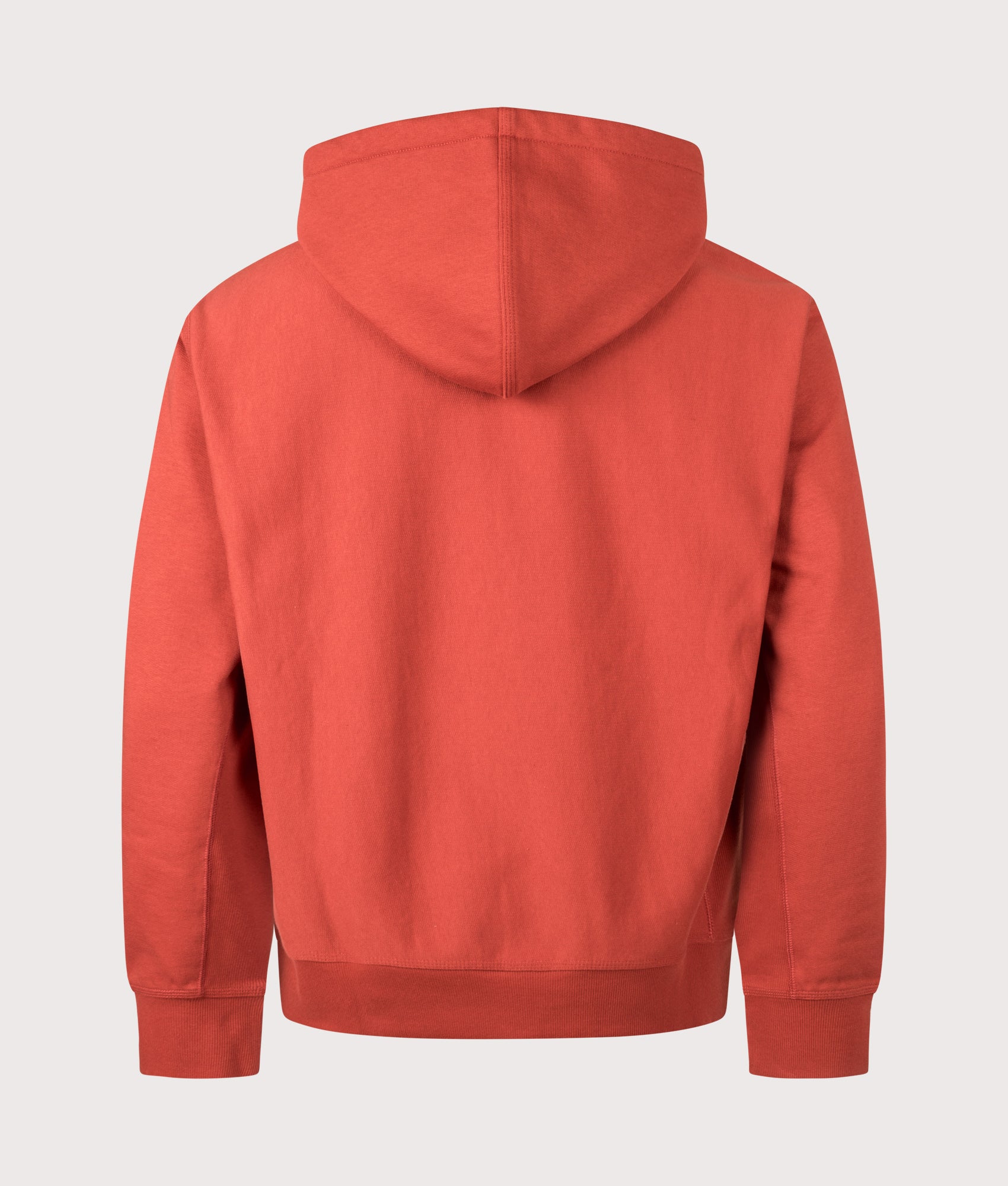 Carhartt WIP Boxy Loose Fit American Script Hoodie in Oxide Red at EQVVS Menswear. Back shot.