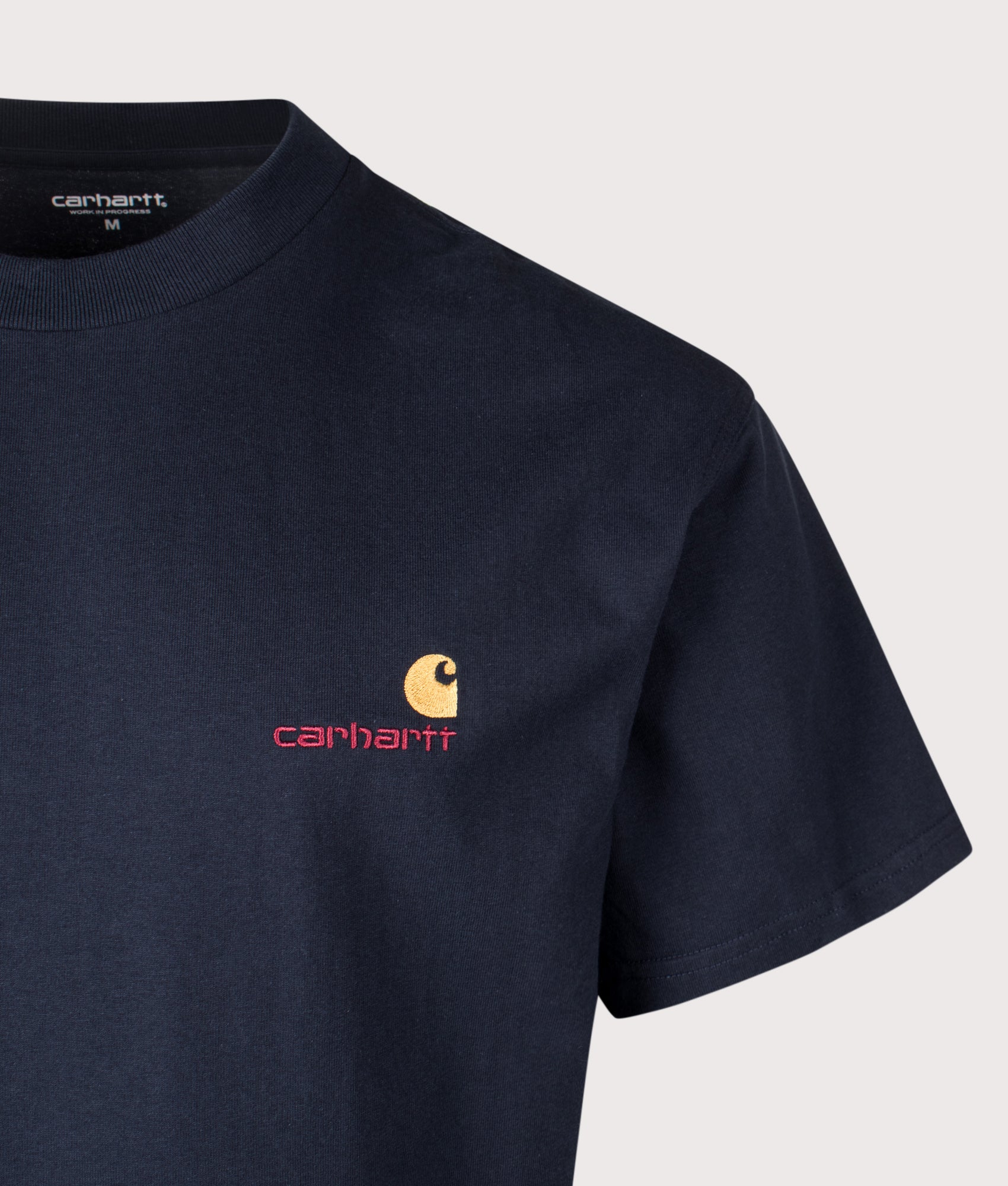 Carhartt WIP Loose Fit American Script T-Shirt in Deep Night at EQVVS Menswear. Detail shot.