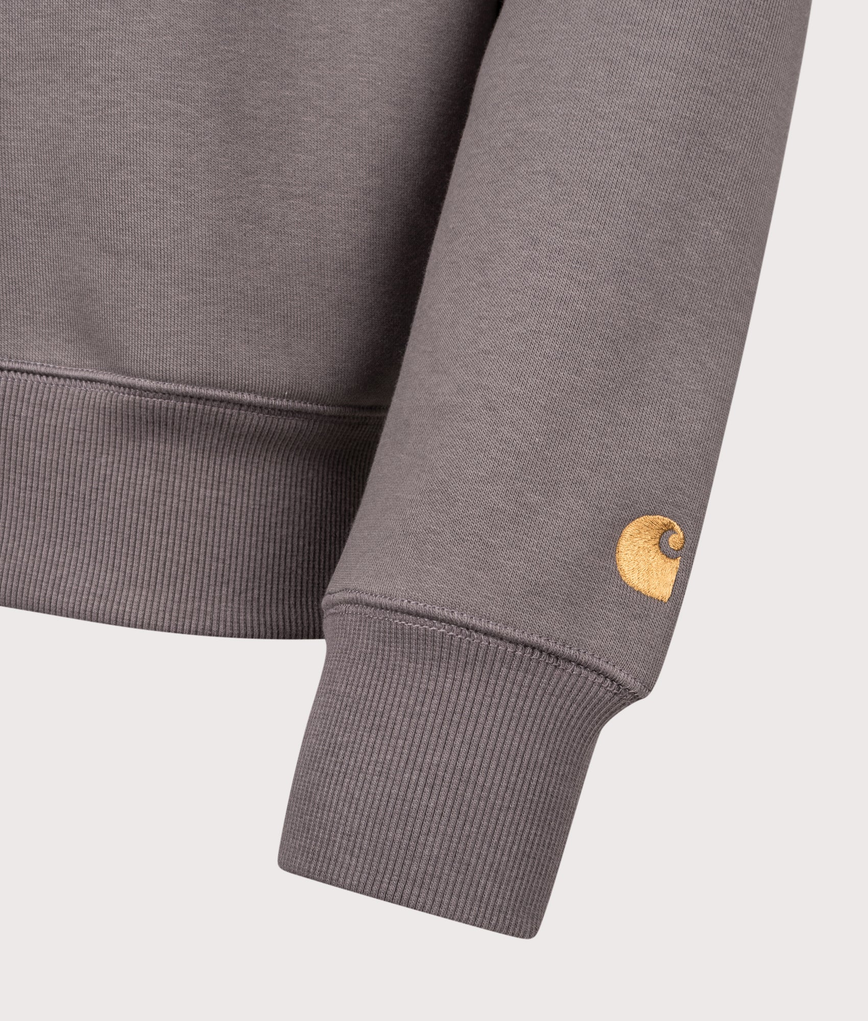 Carhartt WIP Chase Sweatshirt in Porphyry and Gold at EQVVS Menswear. Detail shot.
