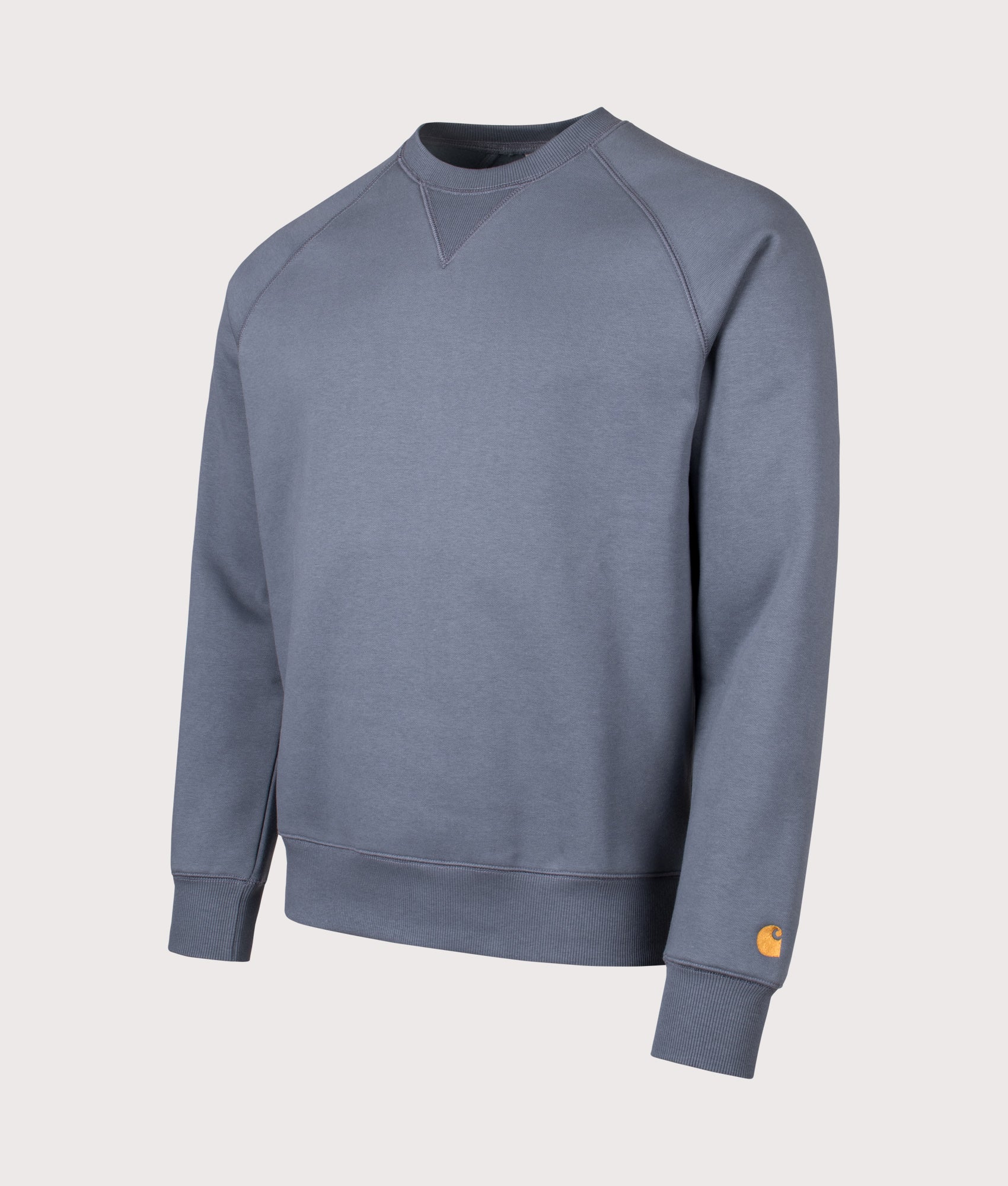 Carhartt WIP Chase Sweatshirt in Cozy Blue and Gold at EQVVS Menswear. Angled front shot.