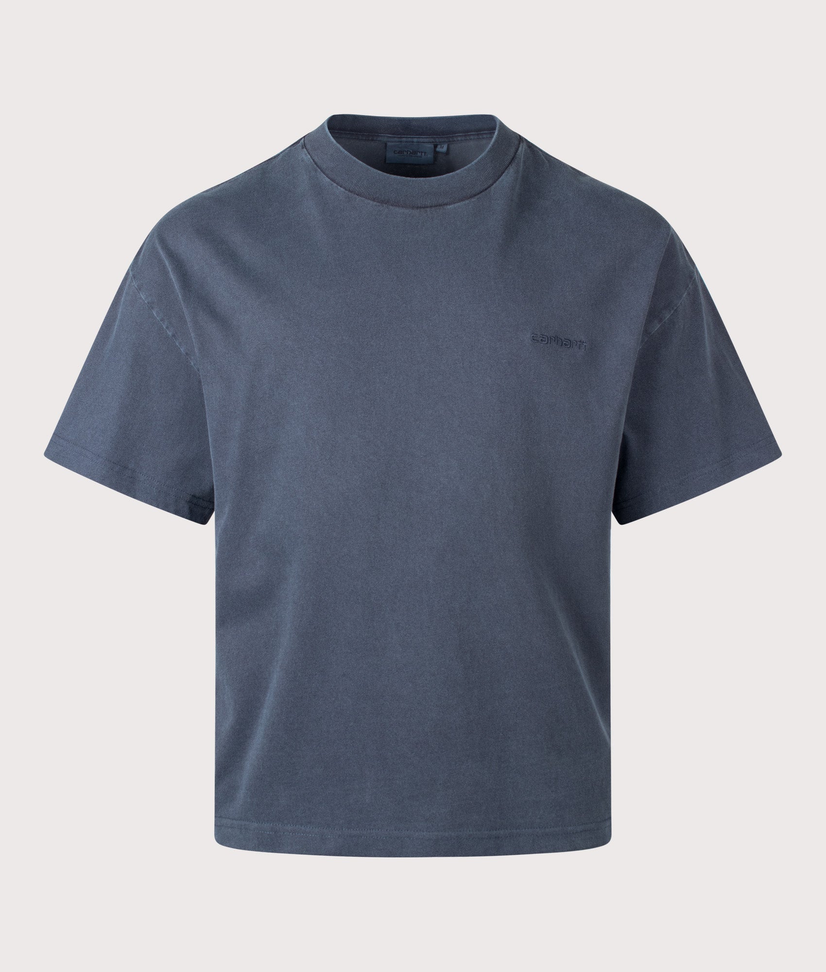 Boxy Loose Fit Benton T-Shirt in Carbon by Carhartt WIP. Shot by EQVVS. Front shot.