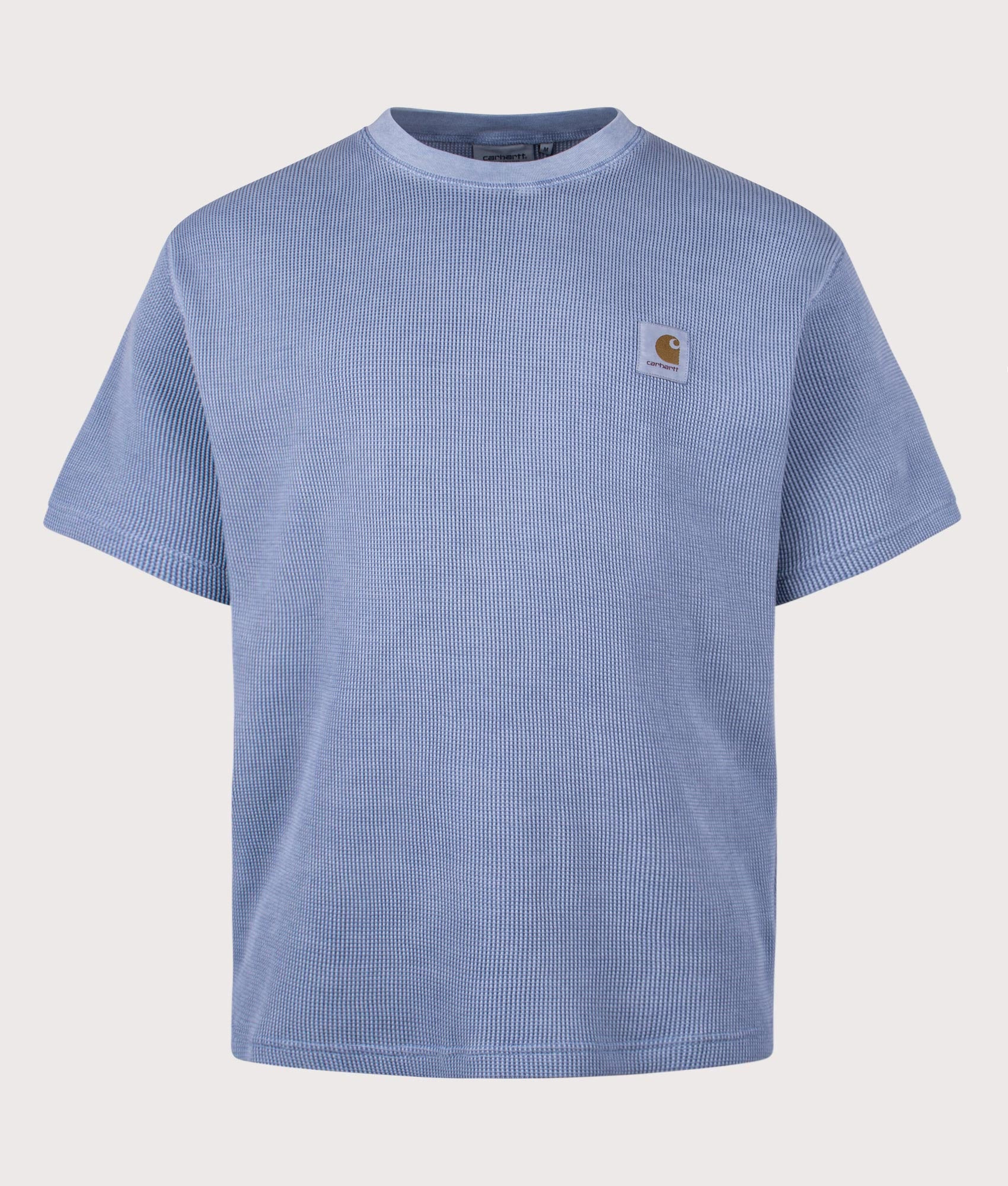 Carhartt WIP Relaxed Fit Nelson Waffle T-Shirt in Gentle Blue at EQVVS Menswear. Front shot.