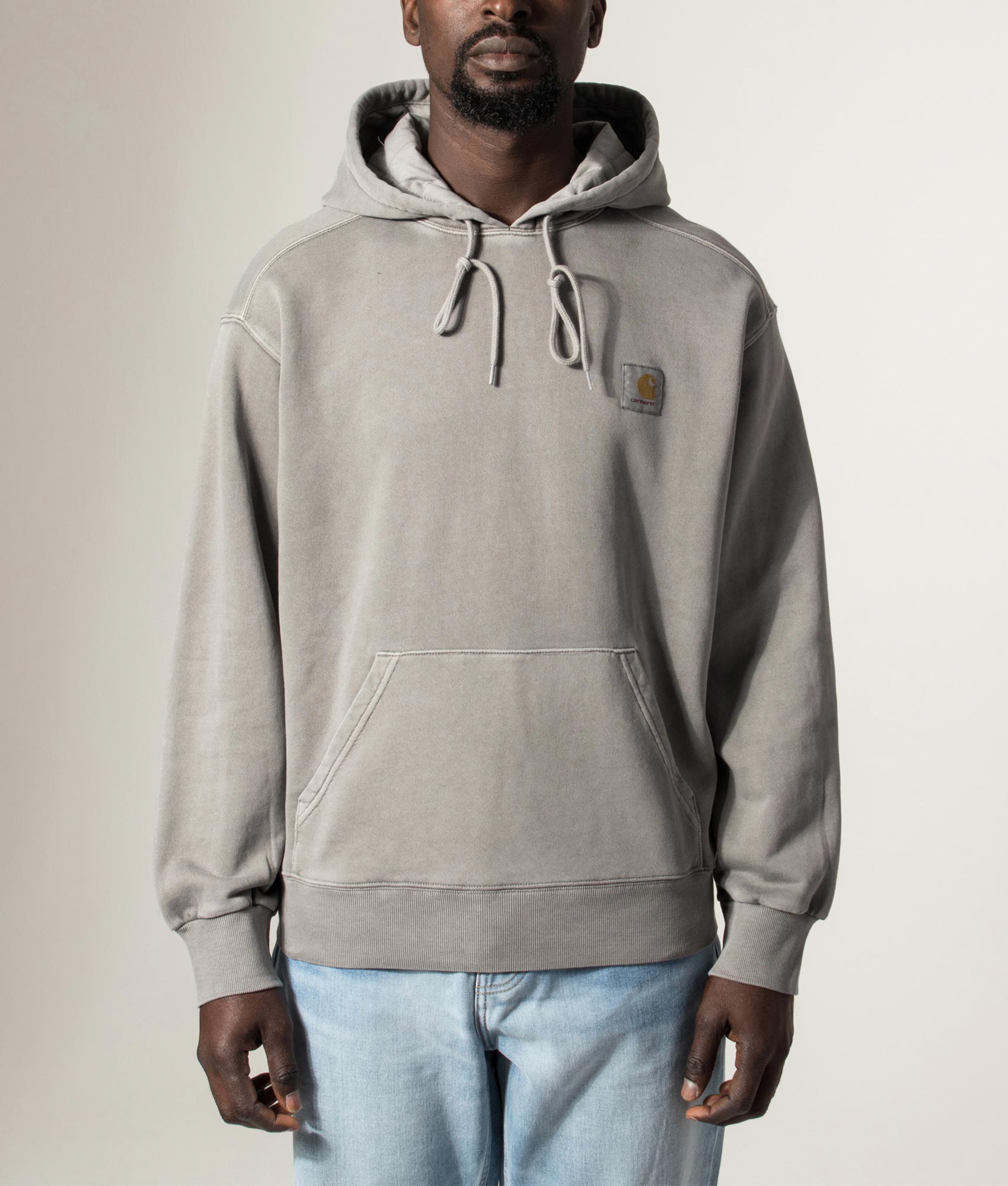 Carhartt WIP Oversized Nelson Sweatshirt in Yosemite at EQVVS Menswear. Model front shot.