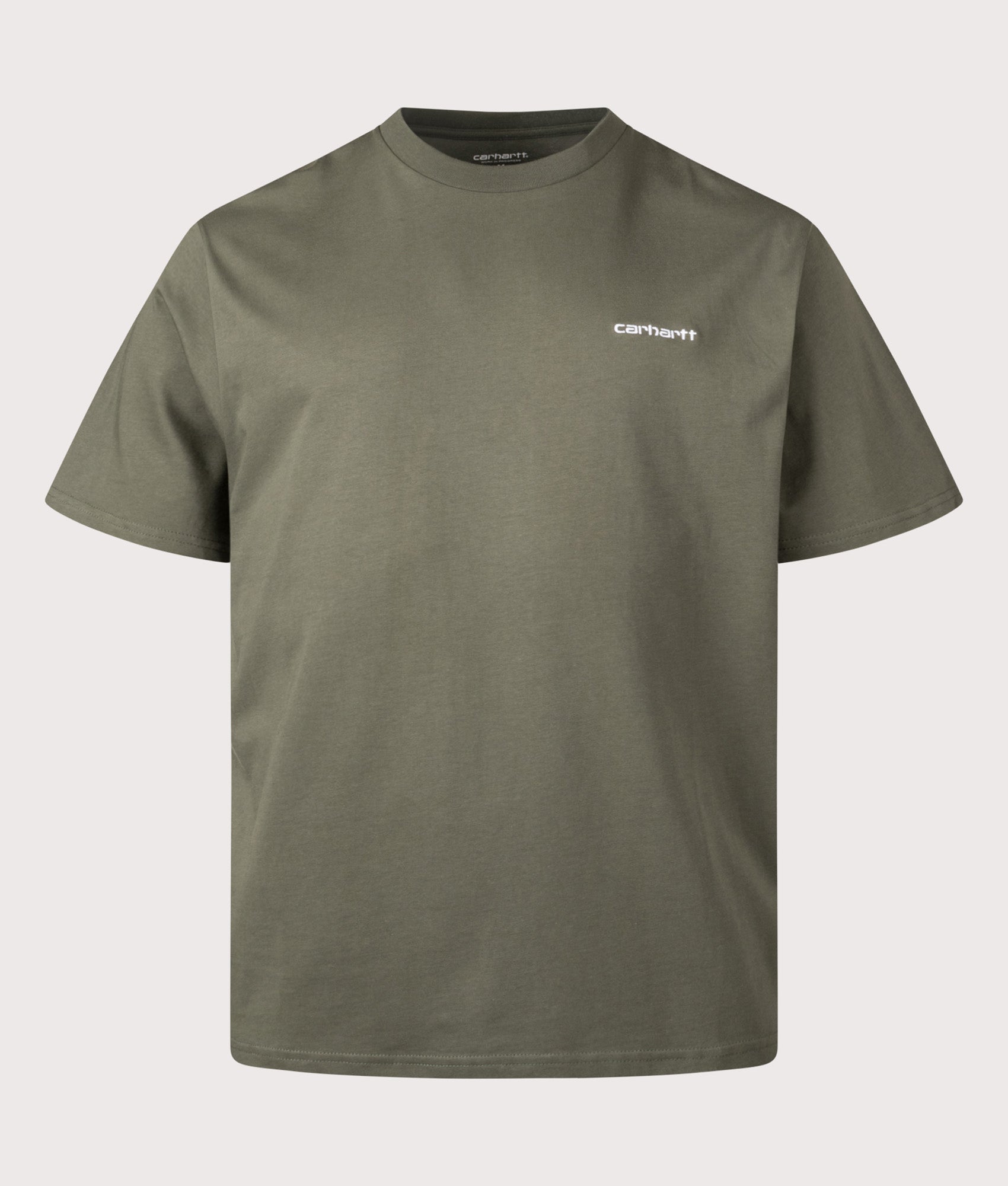 Carhartt WIP Loose Fit Script Embroidery T-Shirt in Leaf and White at EQVVS Menswear. Front shot.