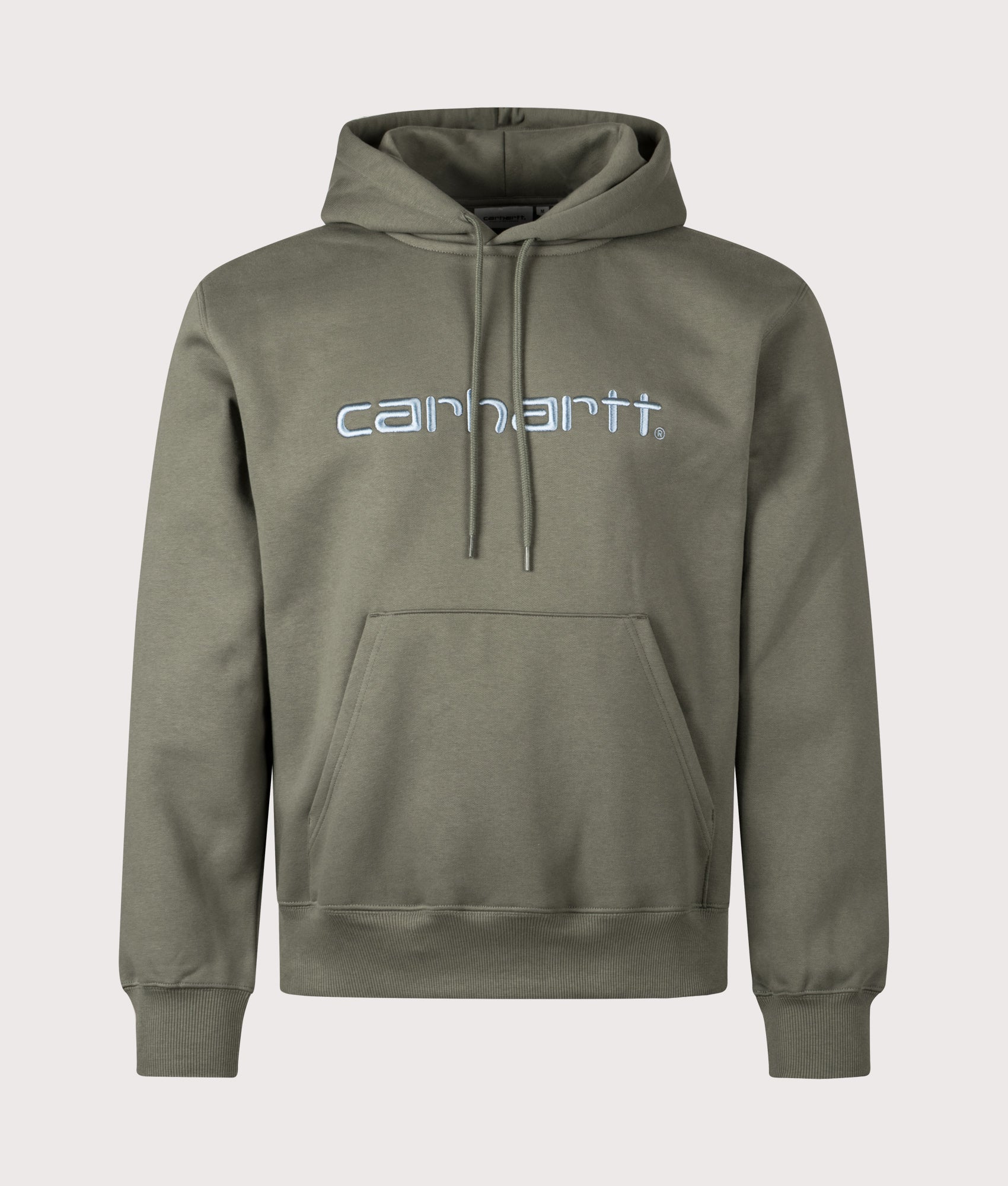 Carhartt WIP Relaxed Fit Carhartt Hoodie in Leaf and Tourmaline at EQVVS Menswear. Front shot.
