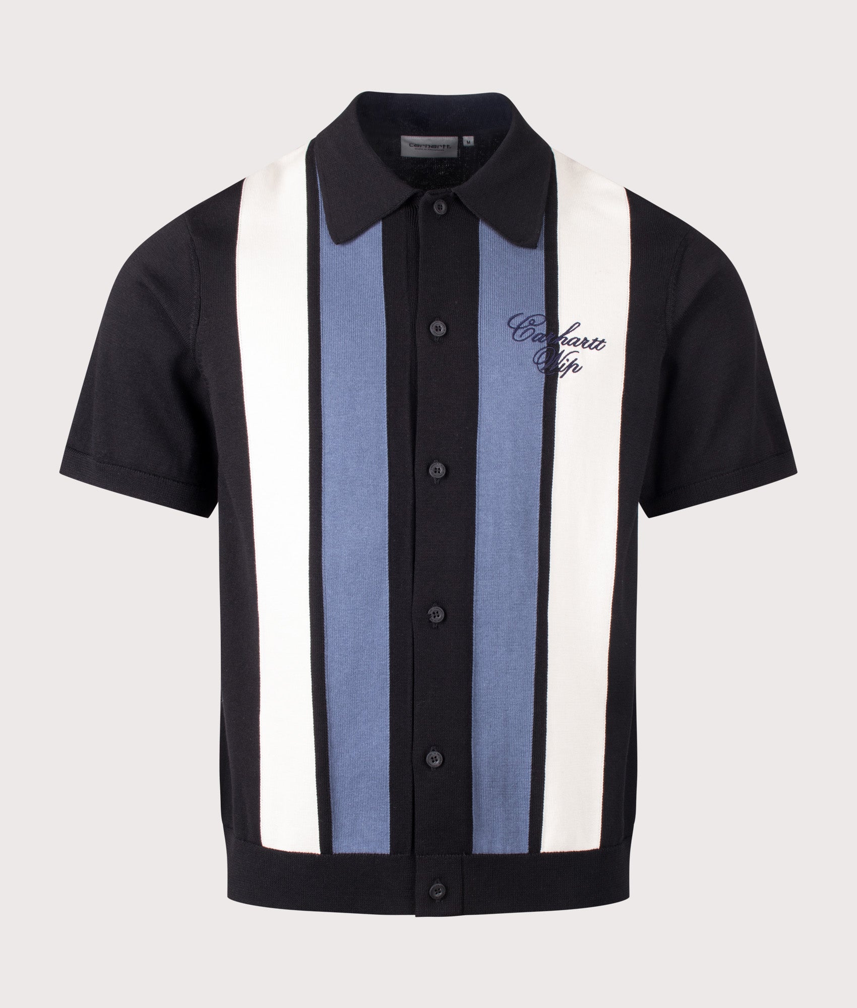 Carhartt WIP Mello Knit Short Sleeved Shirt in Mello Stripe and Black at EQVVS Menswear. Front shot.