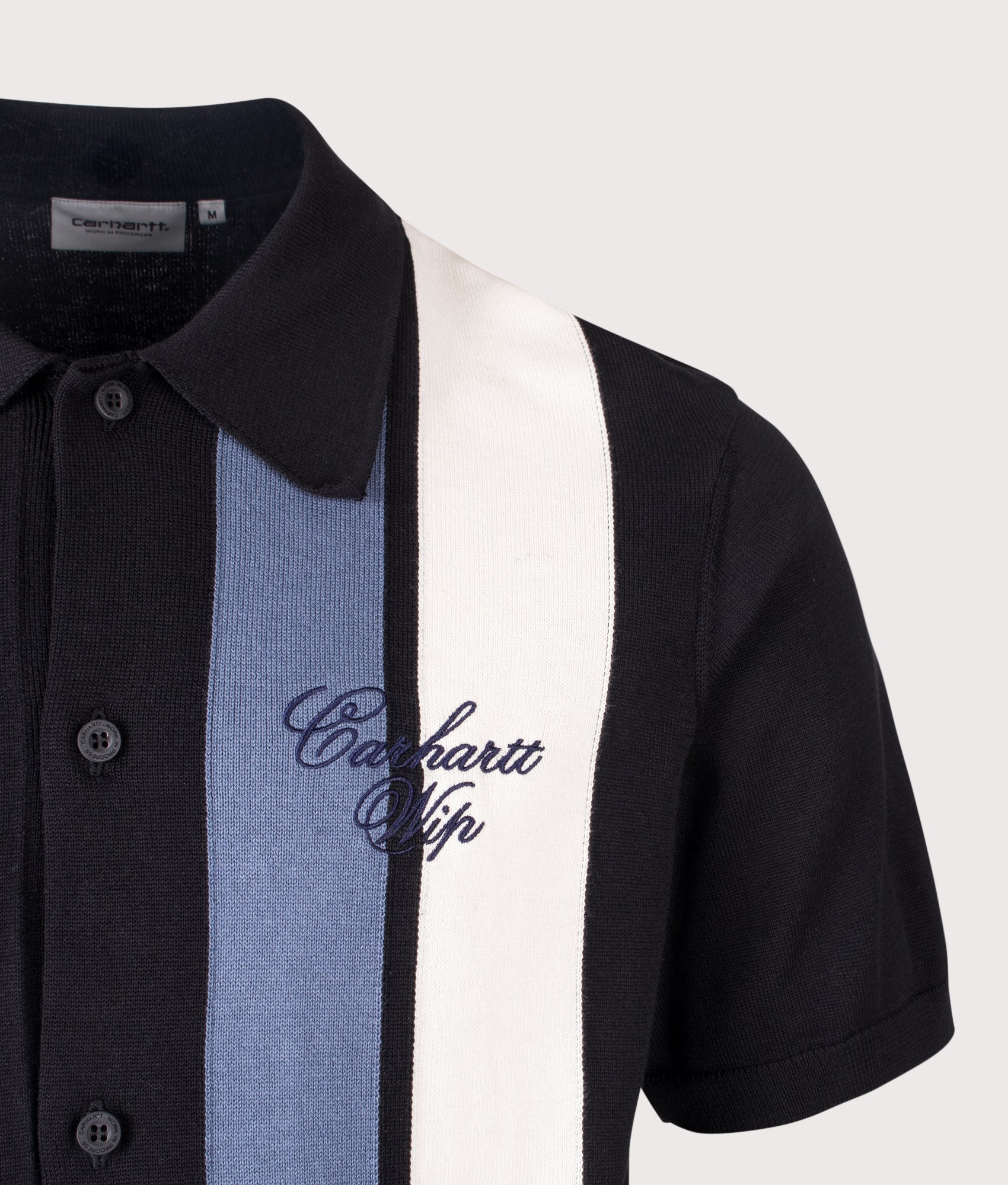 Carhartt WIP Mello Knit Short Sleeved Shirt in Mello Stripe and Black at EQVVS Menswear. Detail shot.