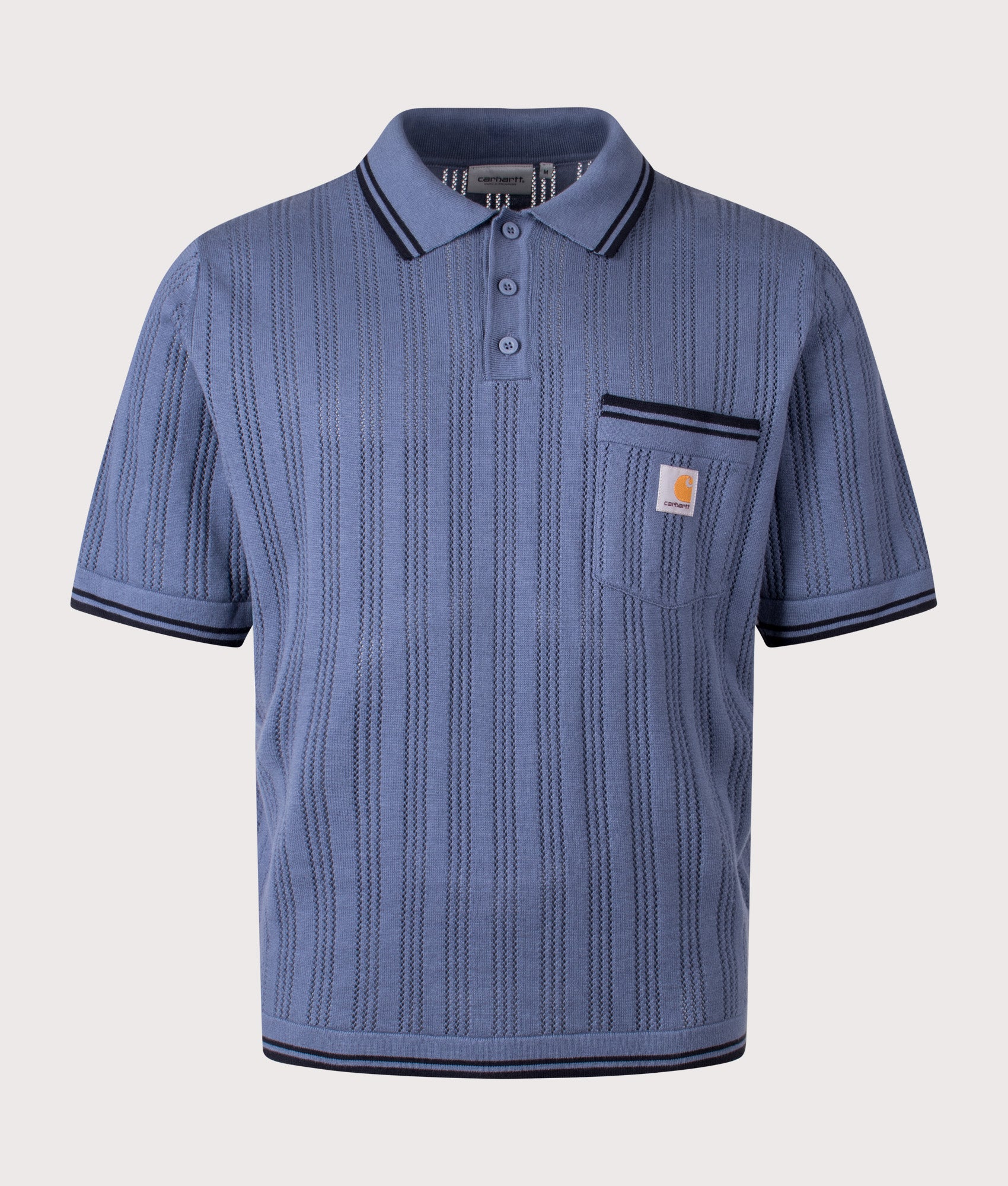 Carhartt WIP Ramsey Polo Shirt in Velvet Blue and Deep Night at EQVVS Menswear. Front shot.