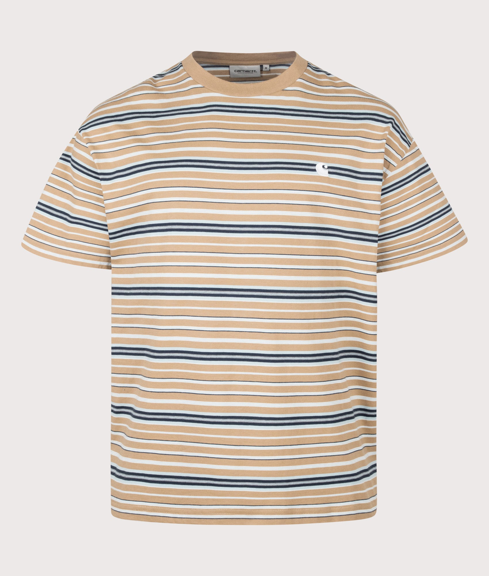 Carhartt WIP Loose Fit Zane T-Shirt in Peanut Zane stripe at EQVVS Menswear. Front shot.