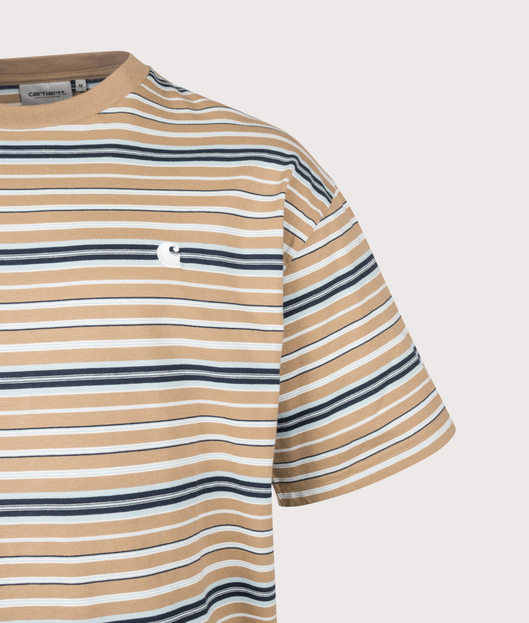 Carhartt WIP Loose Fit Zane T-Shirt in Peanut Zane stripe at EQVVS Menswear. Detail shot.
