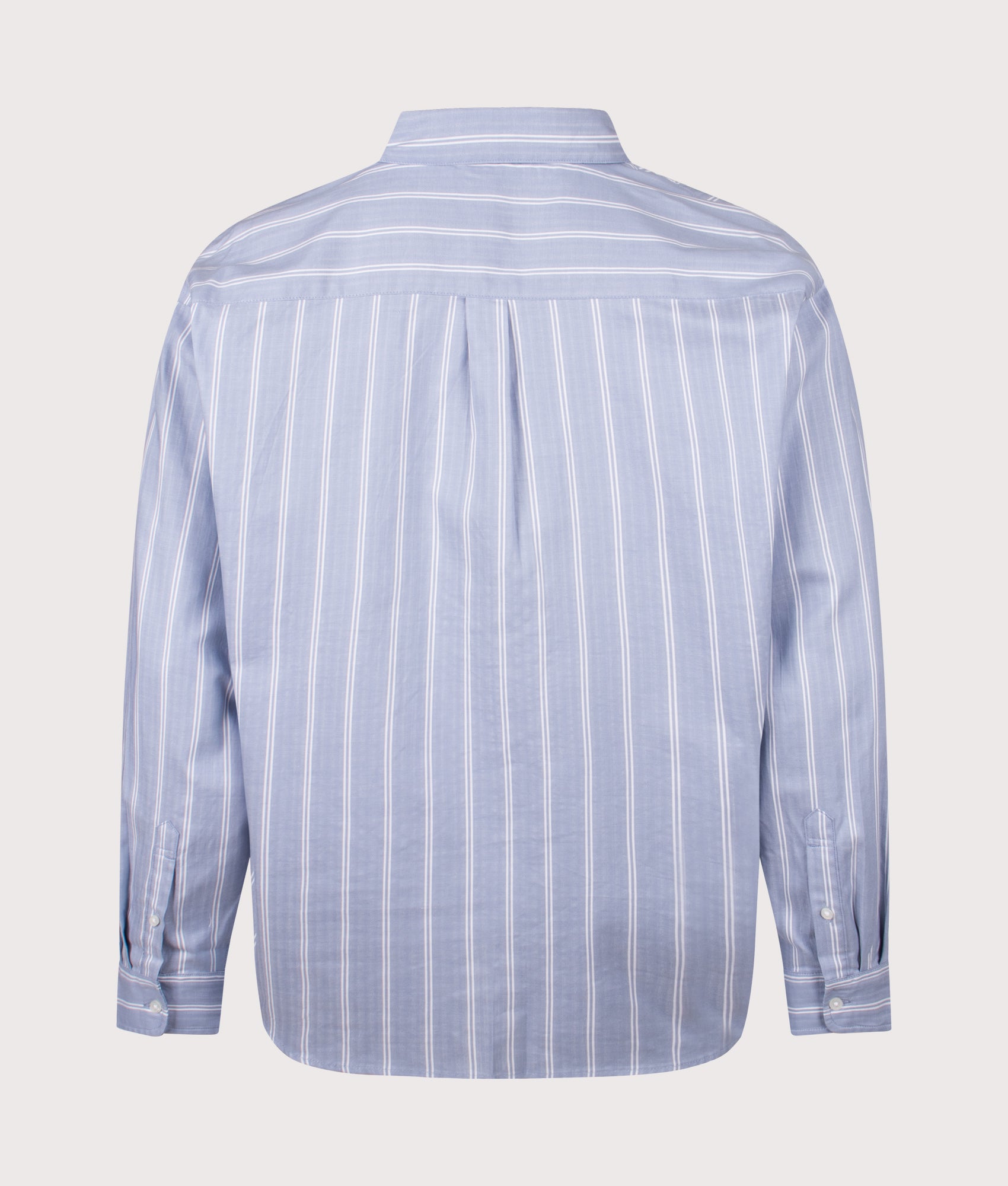 Carhartt WIP Relaxed Fit Beale Shirt in Beale Stripe, Gentle Blue and White at EQVVS Menswear. Back shot.