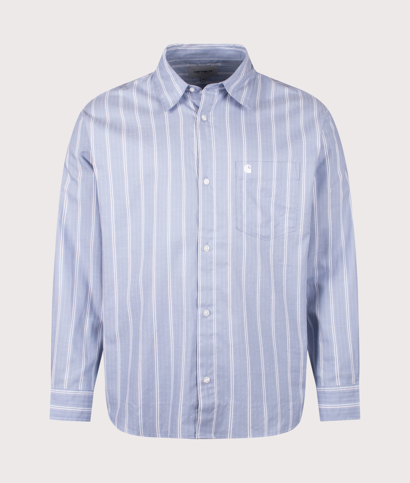 Carhartt WIP Relaxed Fit Beale Shirt in Beale Stripe, Gentle Blue and White at EQVVS Menswear. Front shot.