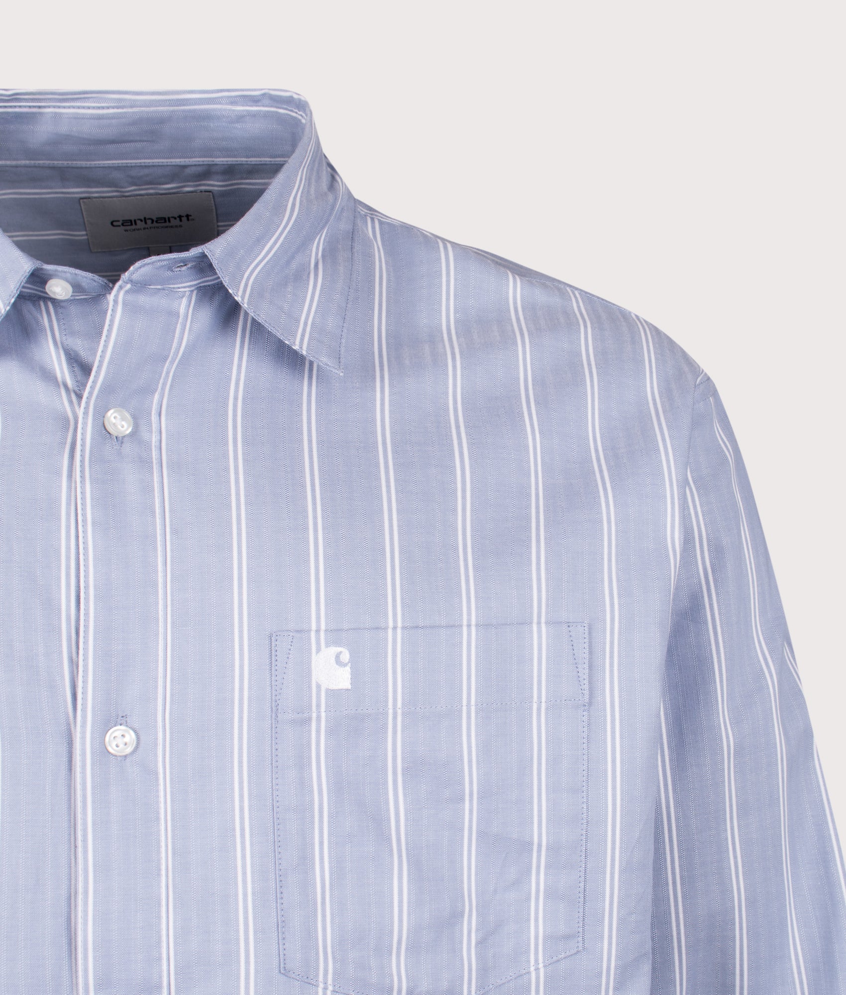 Carhartt WIP Relaxed Fit Beale Shirt in Beale Stripe, Gentle Blue and White at EQVVS Menswear. Detail shot.