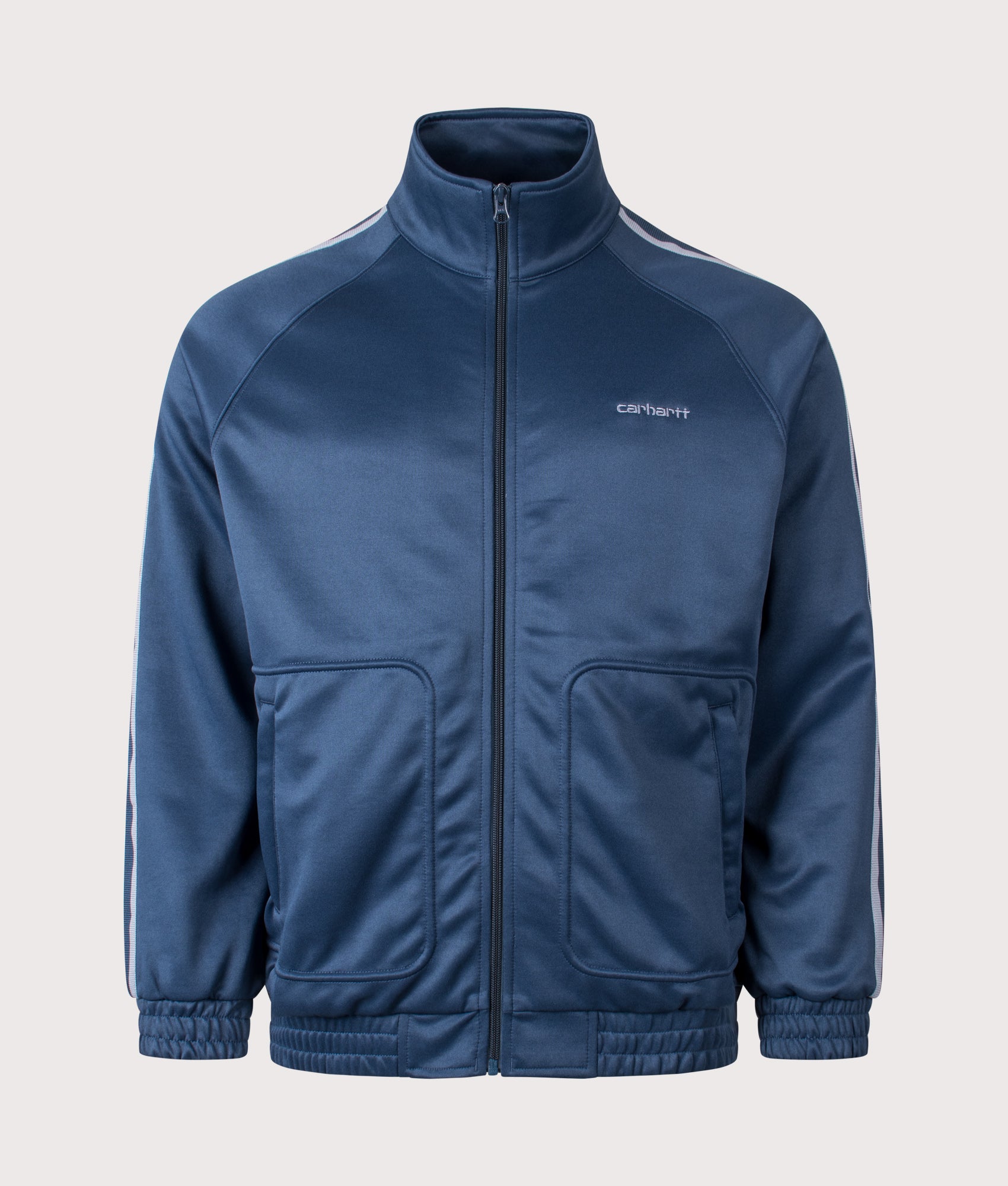 Carhartt WIP Relaxed Fit Bolar Sweat Jacket in Blue River and Mirror at EQVVS Menswear. Front shot.