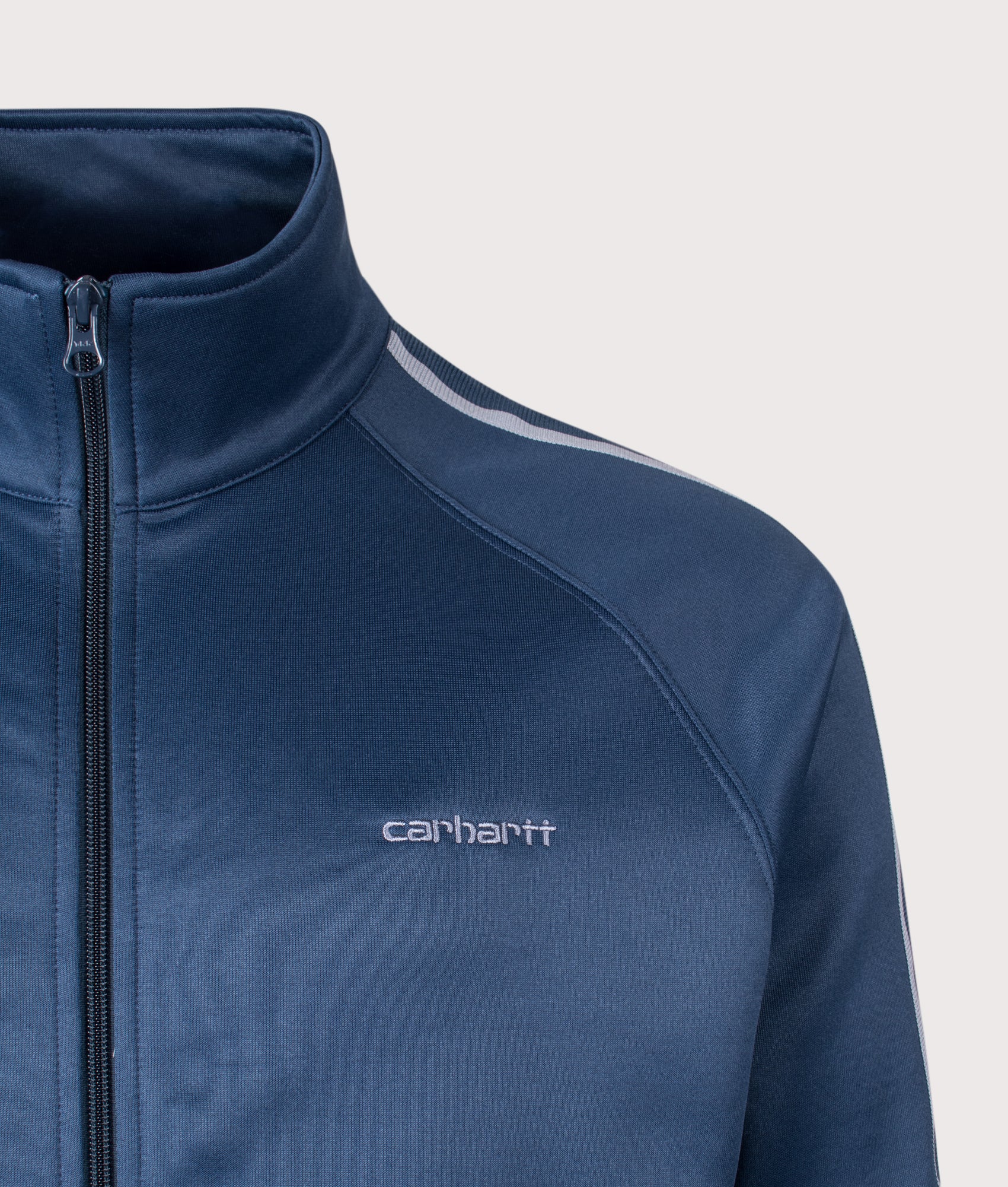 Carhartt WIP Relaxed Fit Bolar Sweat Jacket in Blue River and Mirror at EQVVS Menswear. Detail shot.