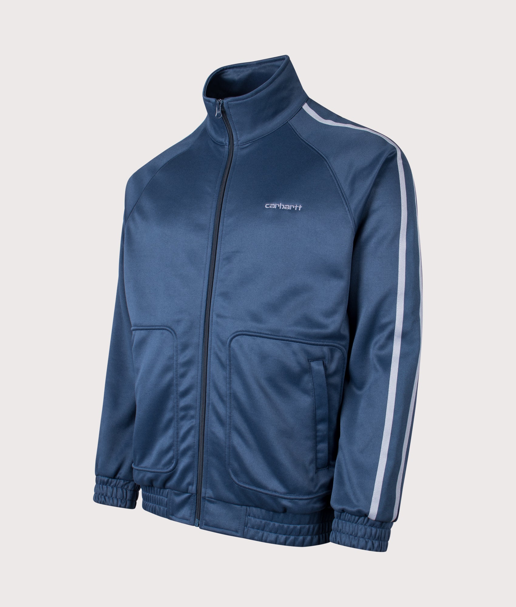 Carhartt WIP Relaxed Fit Bolar Sweat Jacket in Blue River and Mirror at EQVVS Menswear. Angled front shot.
