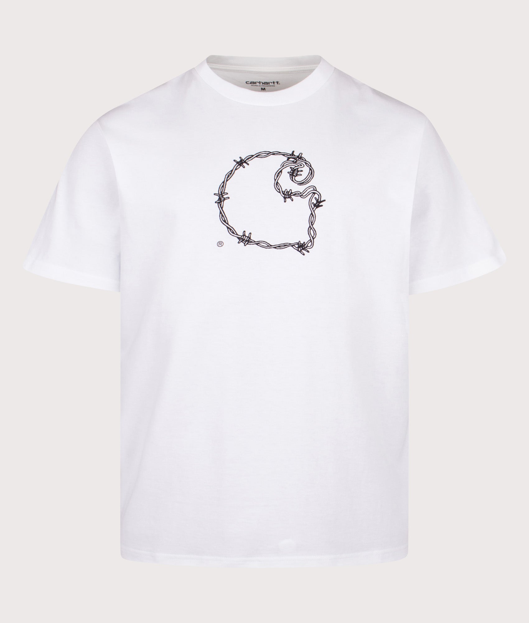 Carhartt WIP Loose Fit Barbwire C T-Shirt in White at EQVVS Menswear. Front shot.