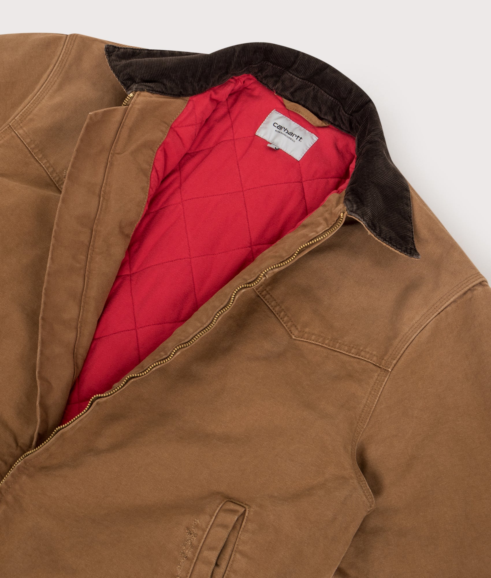 Carhartt WIP OG Santa Fe Jacket in Hamilton Brown and Tobacco at EQVVS Menswear. Inside detail shot.