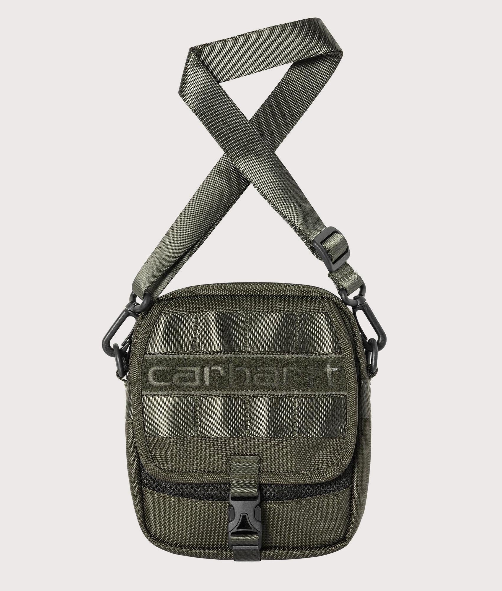 Carhartt WIP Prescott Shoulder Pouch Bag in Oxide Green at EQVVS Menswear. Front shot.