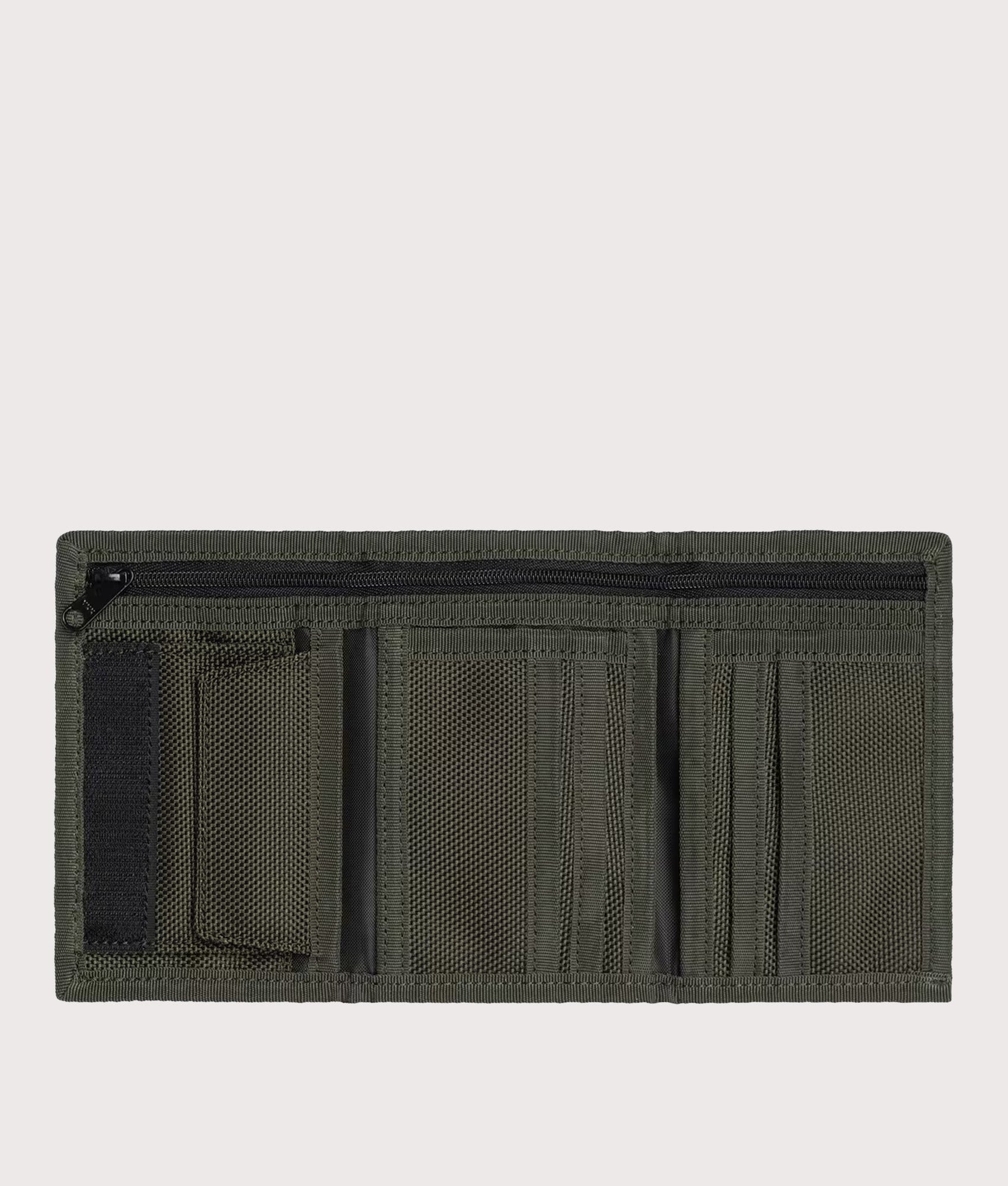 Carhartt WIP Prescott Wallet in Oxide Green at EQVVS Menswear. Open shot.
