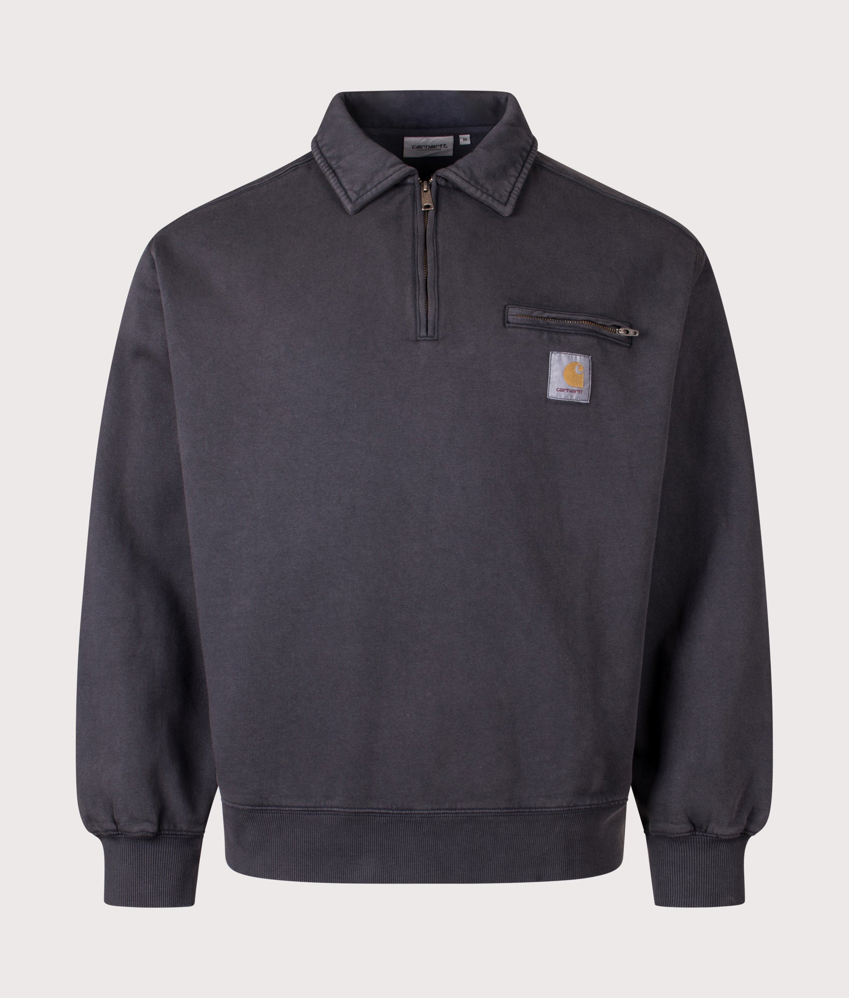 Carhartt WIP Oversized Half Zip Detroit Sweatshirt in Black at EQVVS Menswear. Front shot.