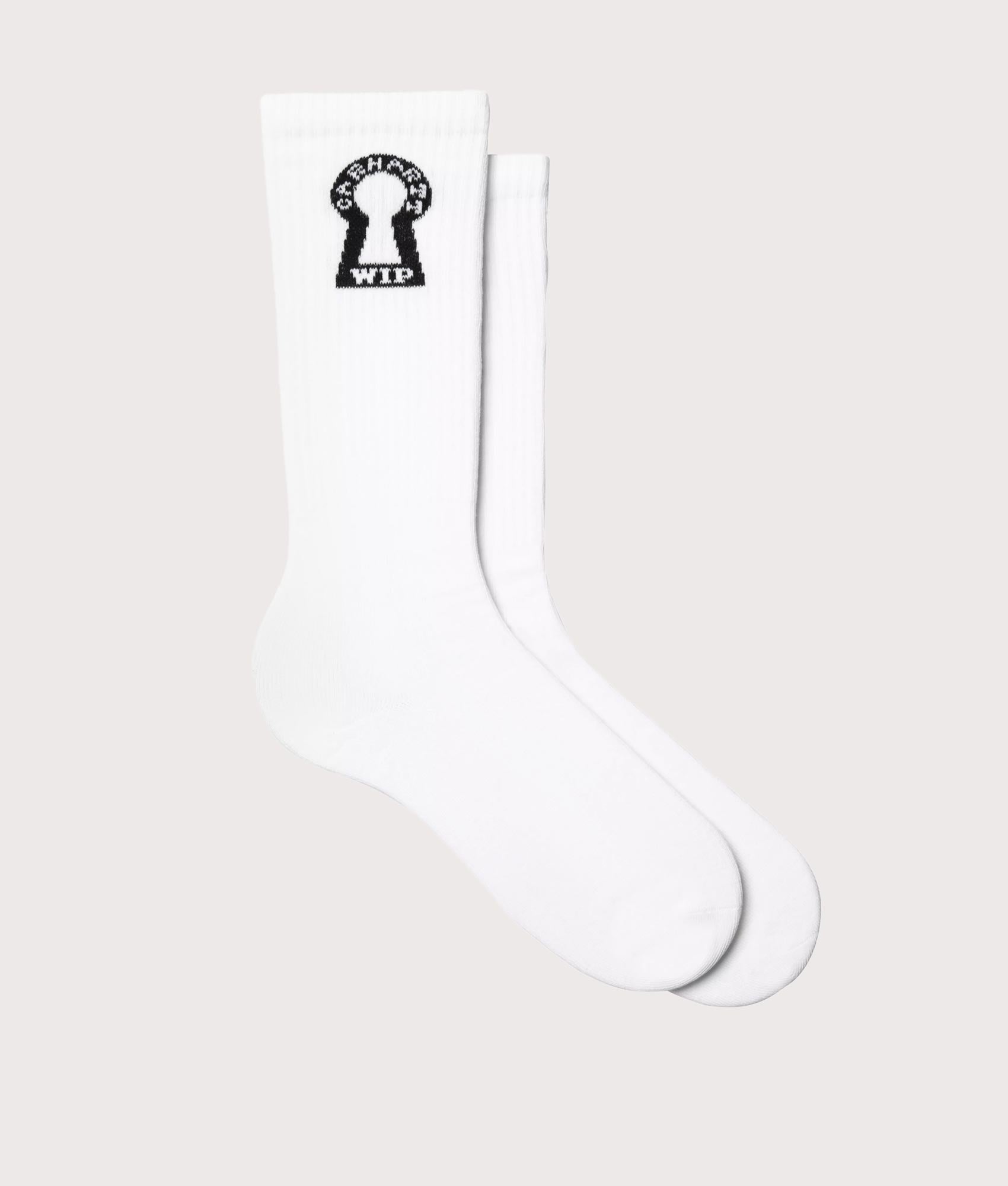 Carhartt WIP Locked Socks in White and Black at EQVVS Menswear. Second side shot.