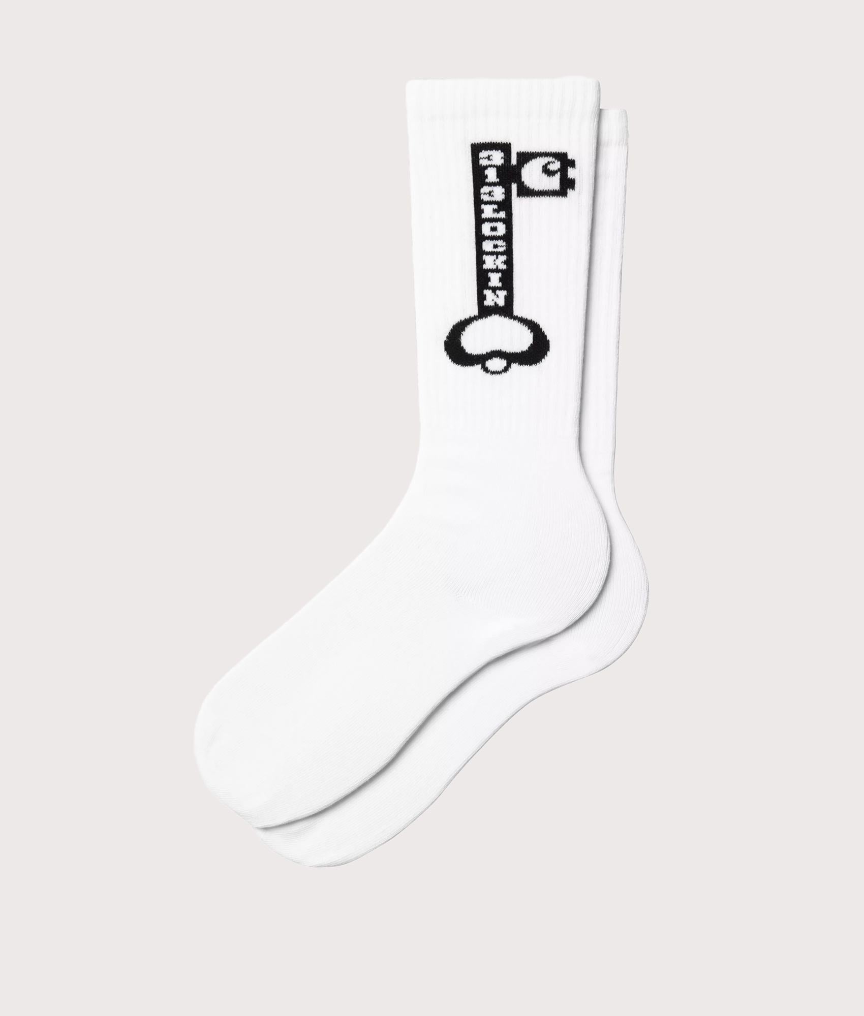 Carhartt WIP Locked Socks in White and Black at EQVVS Menswear. Side shot.