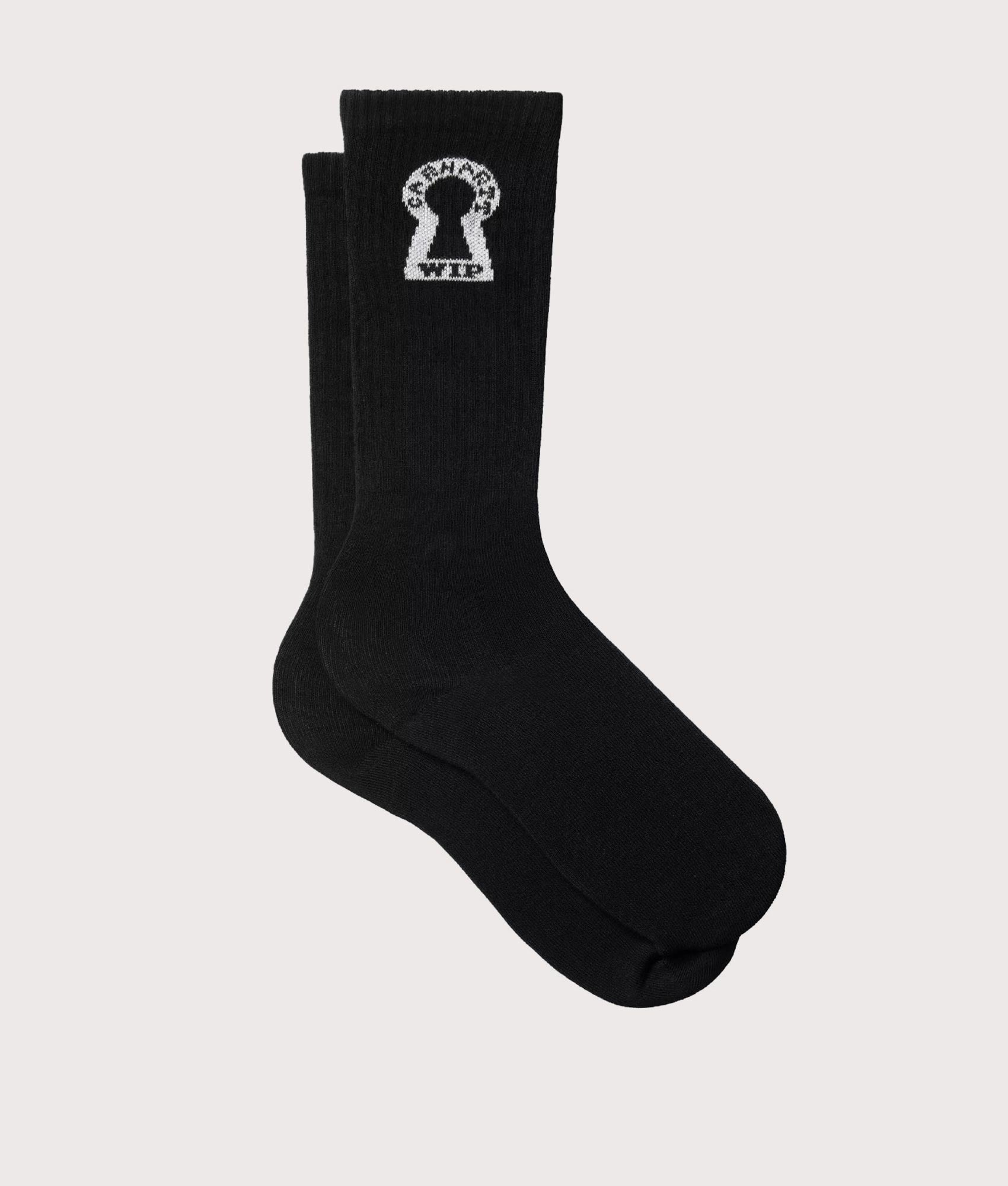 Carhartt WIP Locked Socks in Black and White at EQVVS Menswear. Second side shot.
