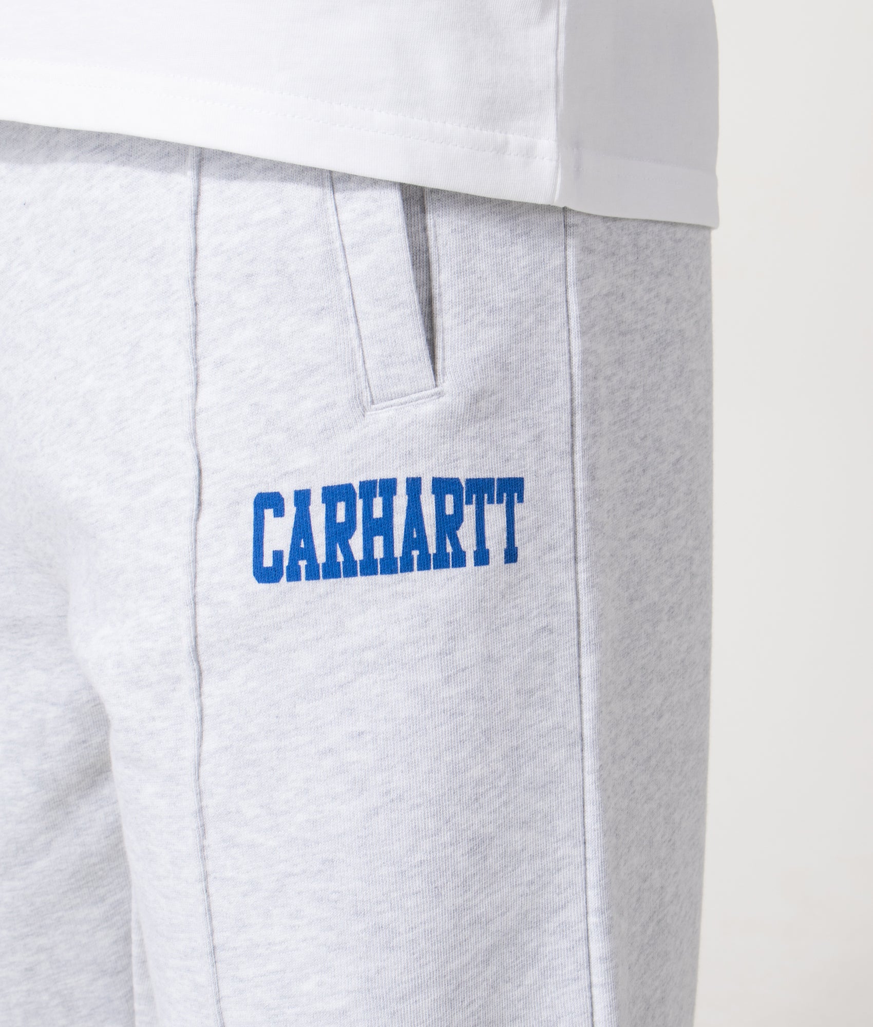 Carhartt WIP Relaxed Fit Pond Corps Sweatpants in Ash Heather at EQVVS Menswear. Detail shot.