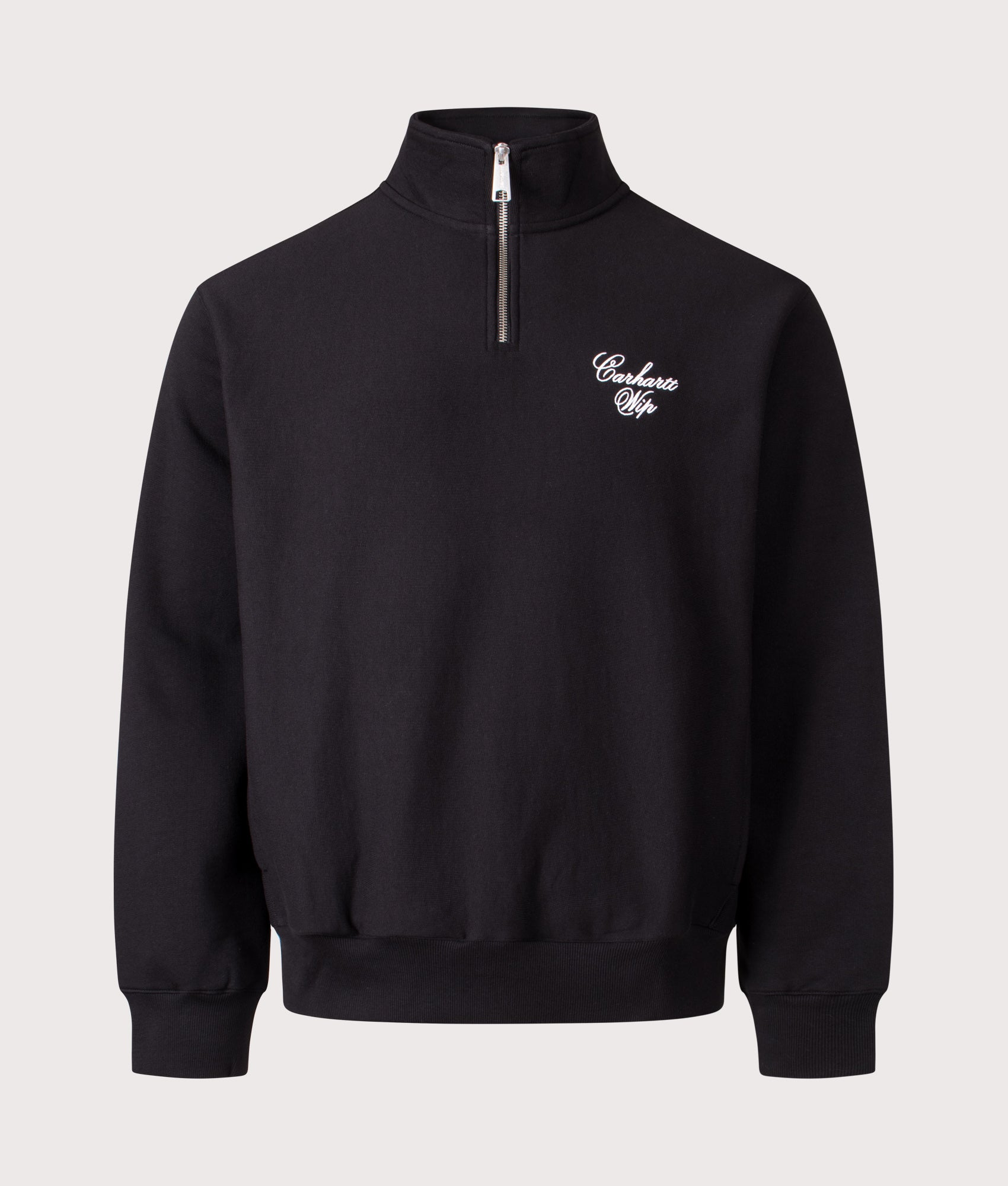 Carhartt WIP Relaxed Fit Longhand Half Zip Sweatshirt in Black and White at EQVVS Menswear. Front shot.