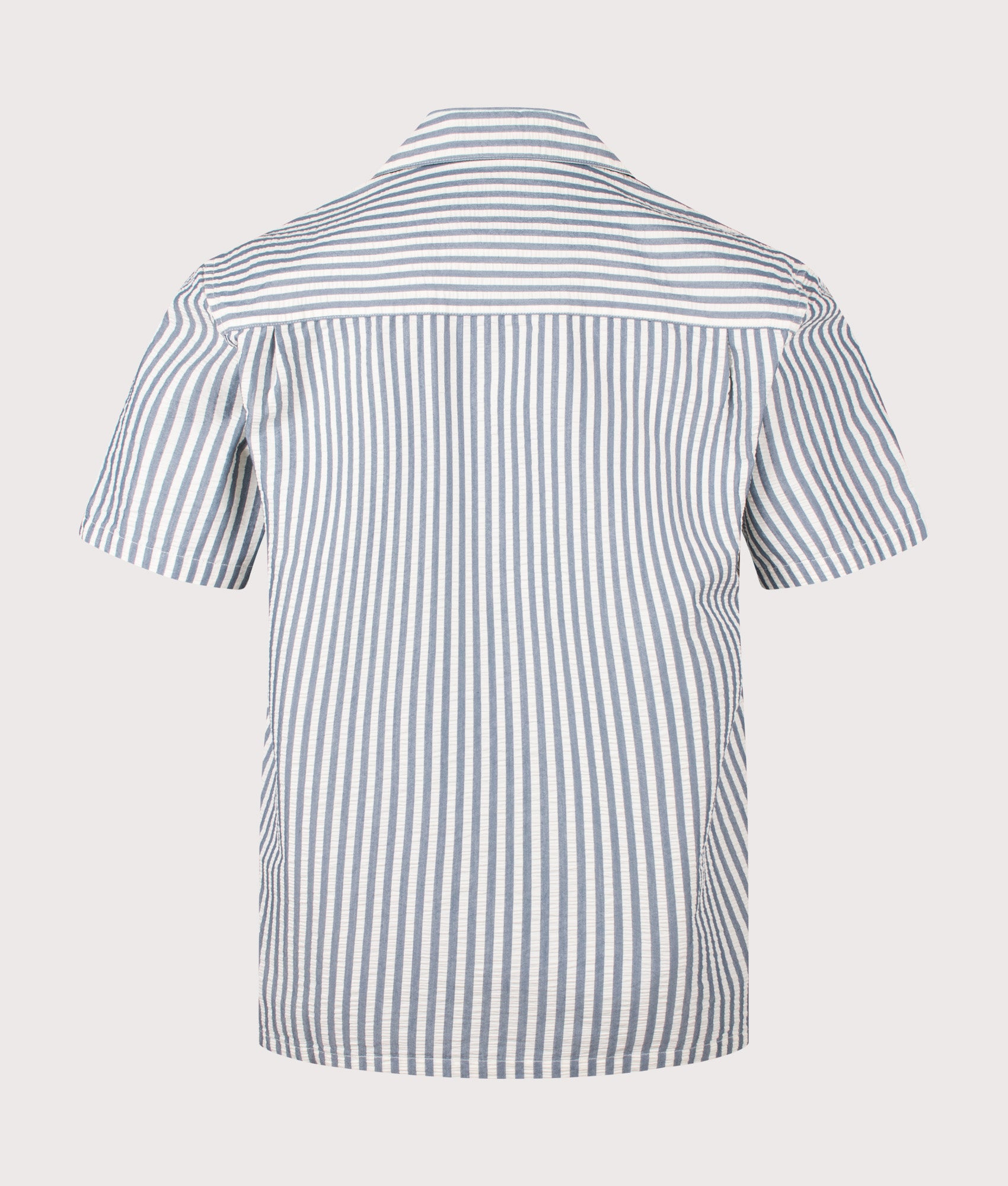 Relaxed Fit Short Sleeve Leavel Shirt in Leavel Stripe/Blue River/Wax by Carhartt WIP. Shot by EQVVS. Back shot.