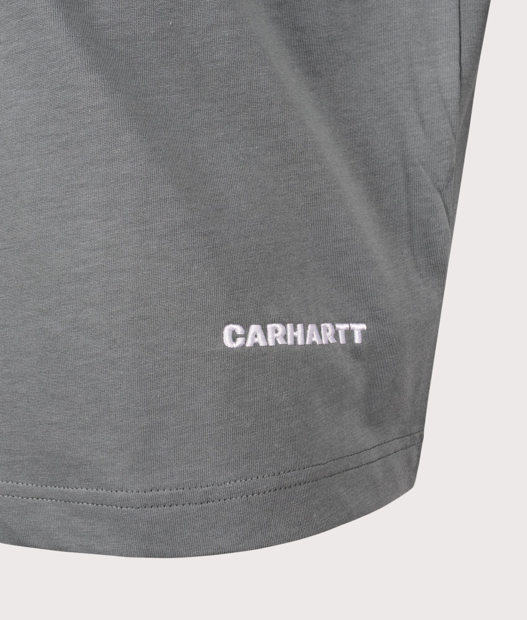Carhartt WIP Boxy Loose Fit Link Script T-Shirt in Velvet Green and White at EQVVS Menswear. Detail shot.