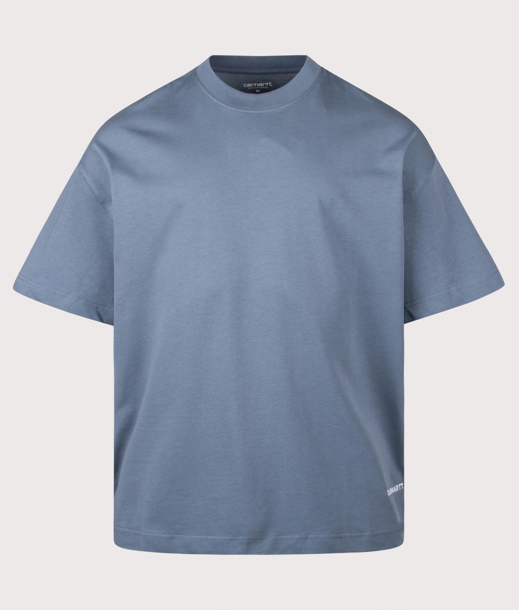 Carhartt WIP Relaxed Fit Link Script T-Shirt in Velvet Blue and White at EQVVS Menswear. Front shot.