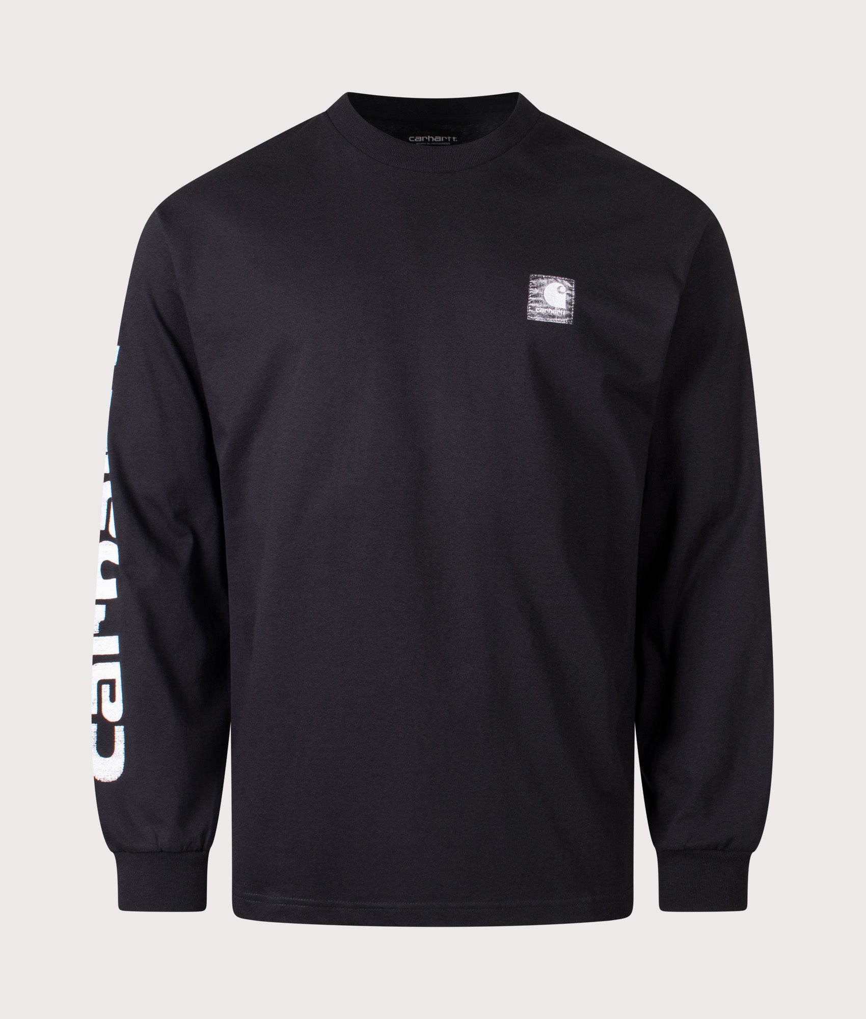 Carhartt WIP Relaxed Fit Archive Script Long Sleeve Top in Black at EQVVS Menswear. Front shot.