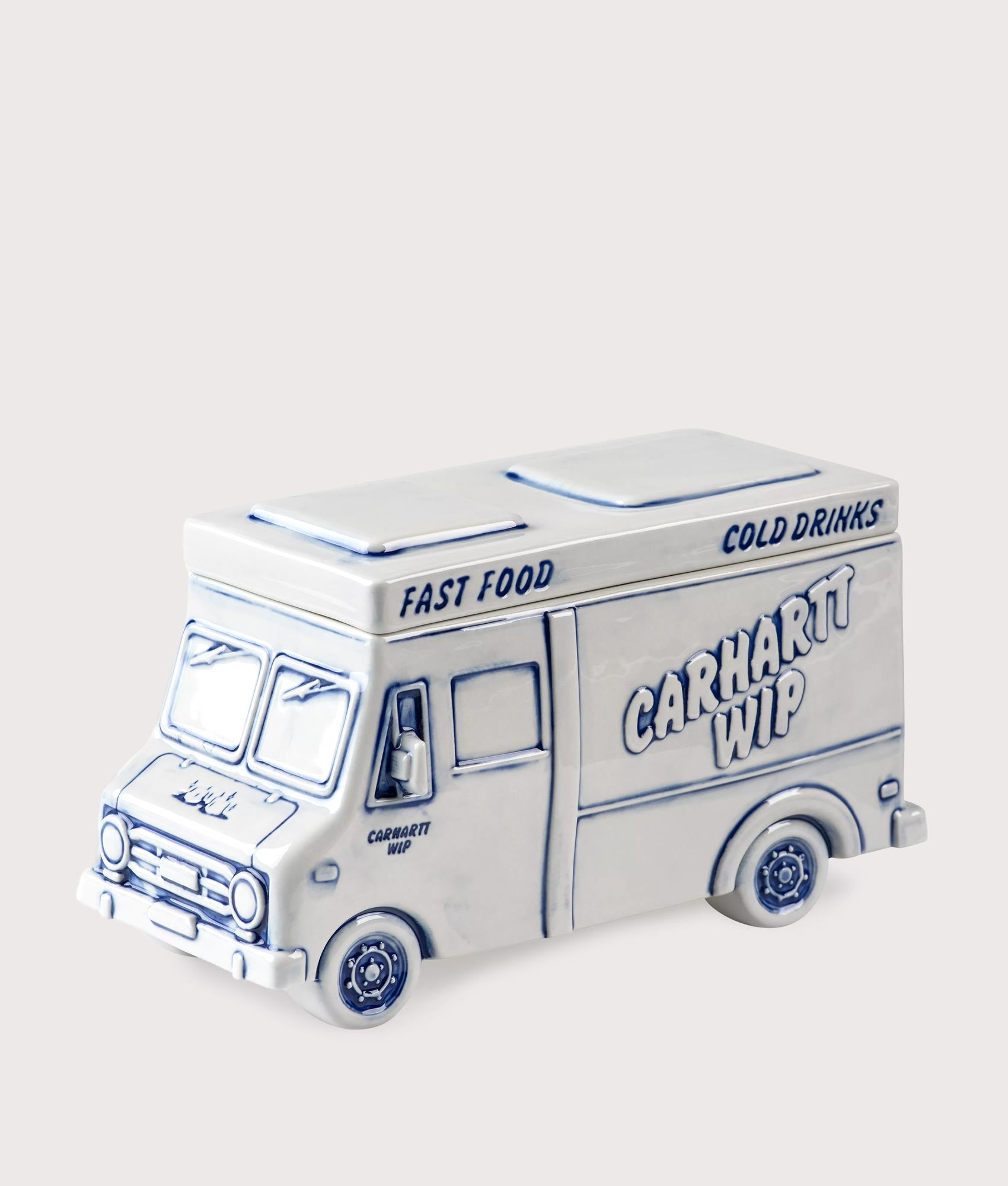 Carhartt WIP Cold Drinks Ice Cube Dispenser in Wax and Blue at EQVVS Menswear. Side shot.