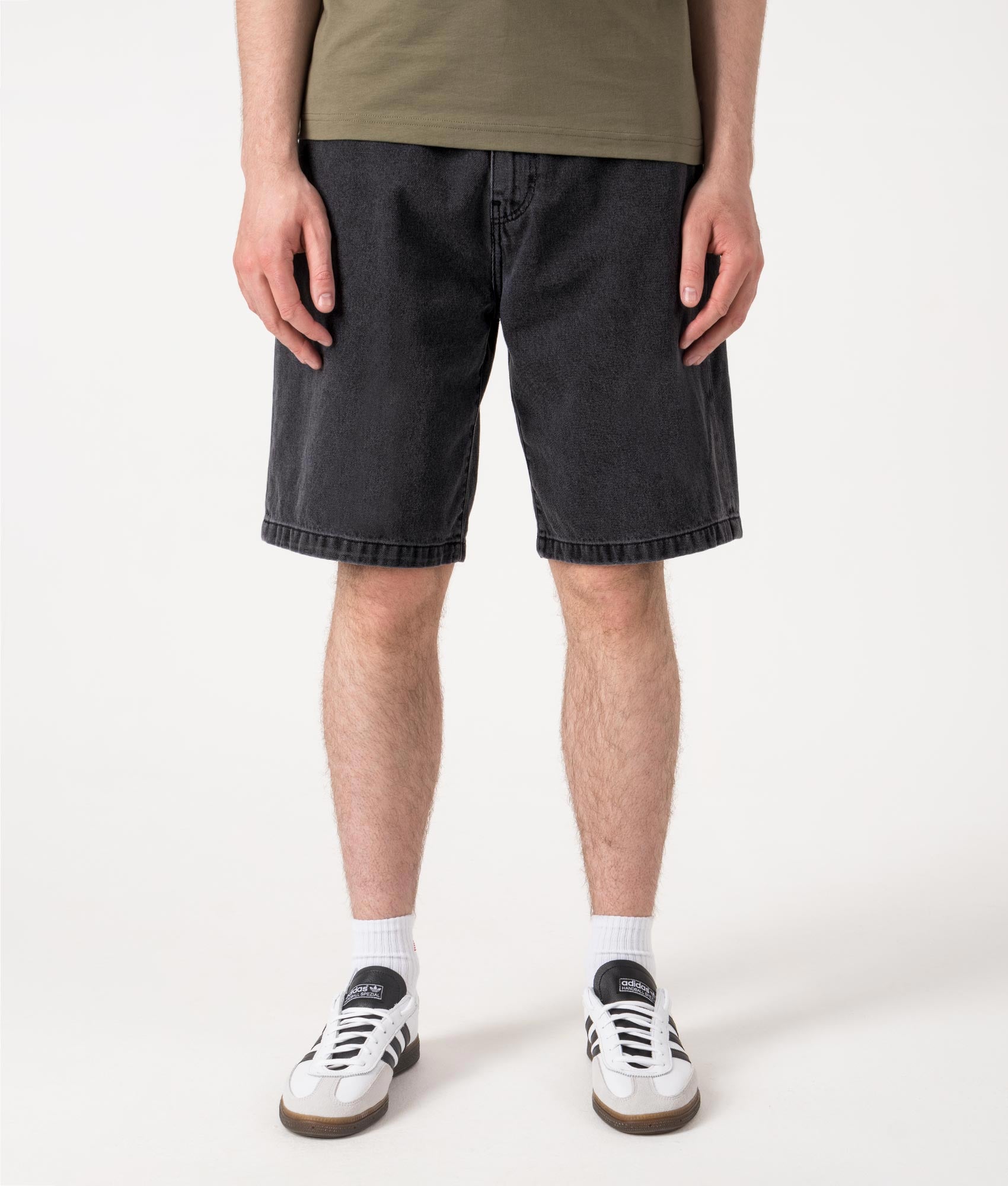 Relaxed Fit Landon Denim Shorts in Black by Carhartt WIP. Shot by EQVVS. Front shot.