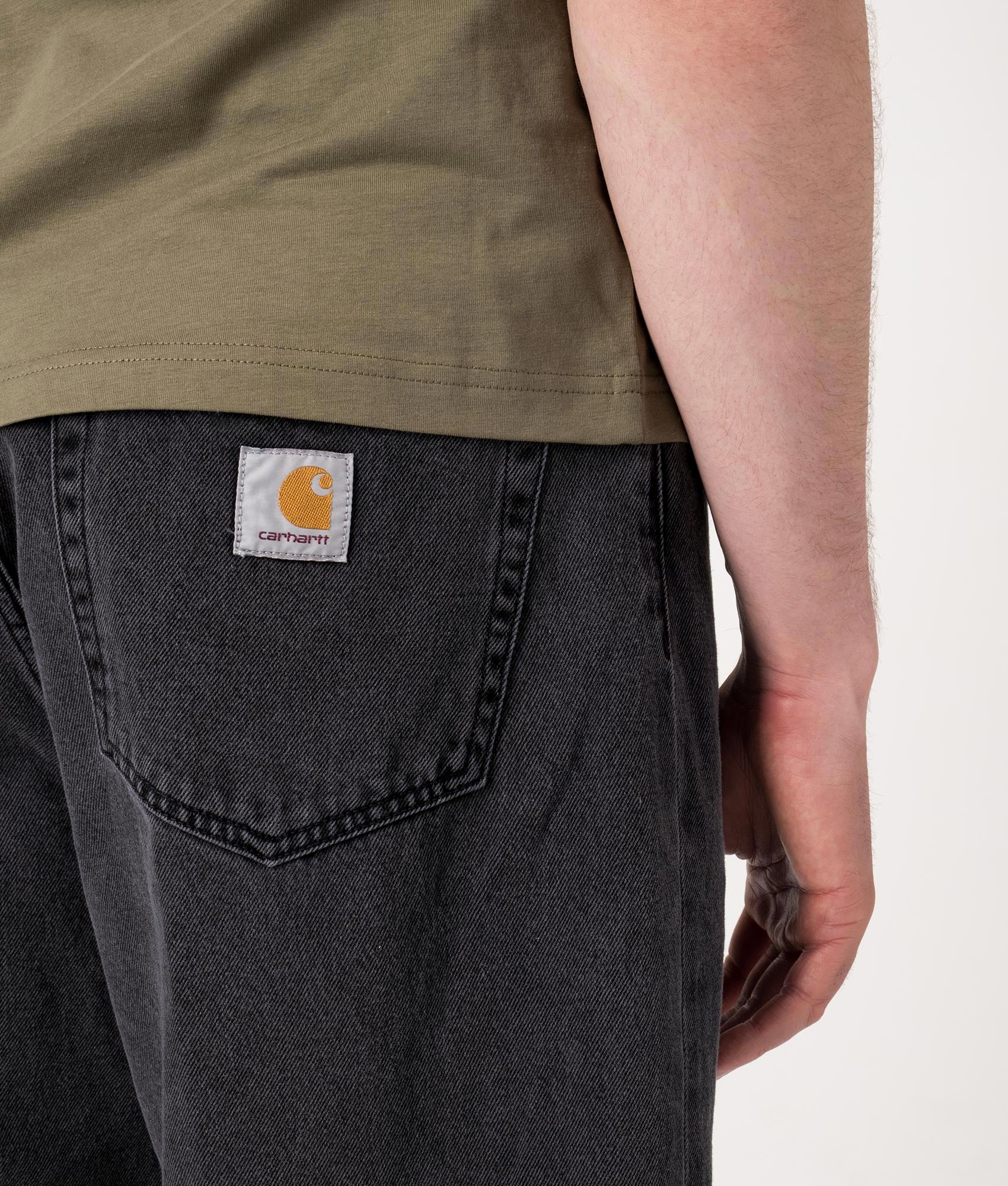 Relaxed Fit Landon Denim Shorts in Black by Carhartt WIP. Shot by EQVVS. Detail shot.