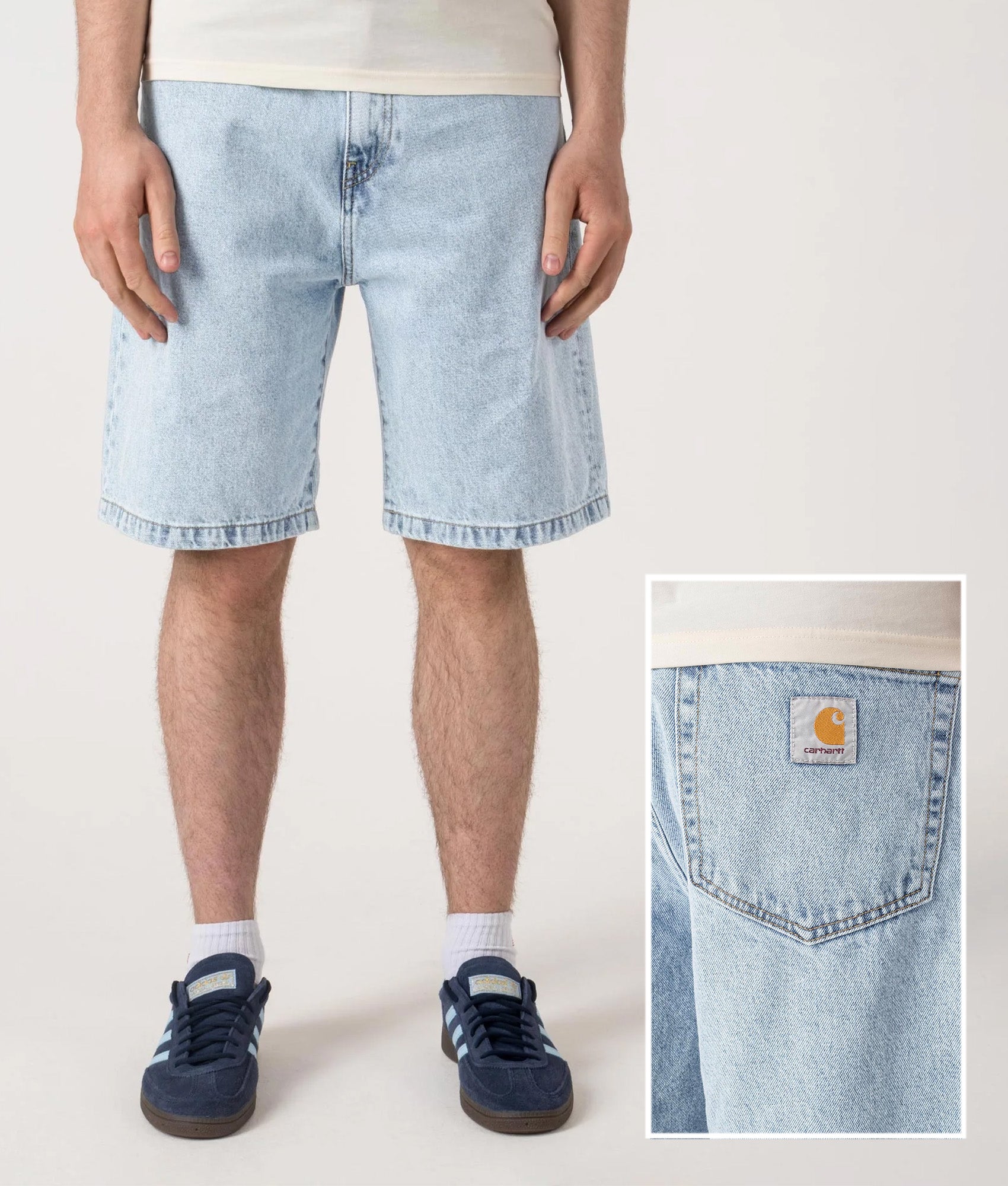 Carhartt WIP Relaxed Fit Landon Denim Shorts in Blue at EQVVS Menswear. Front and Back shot.