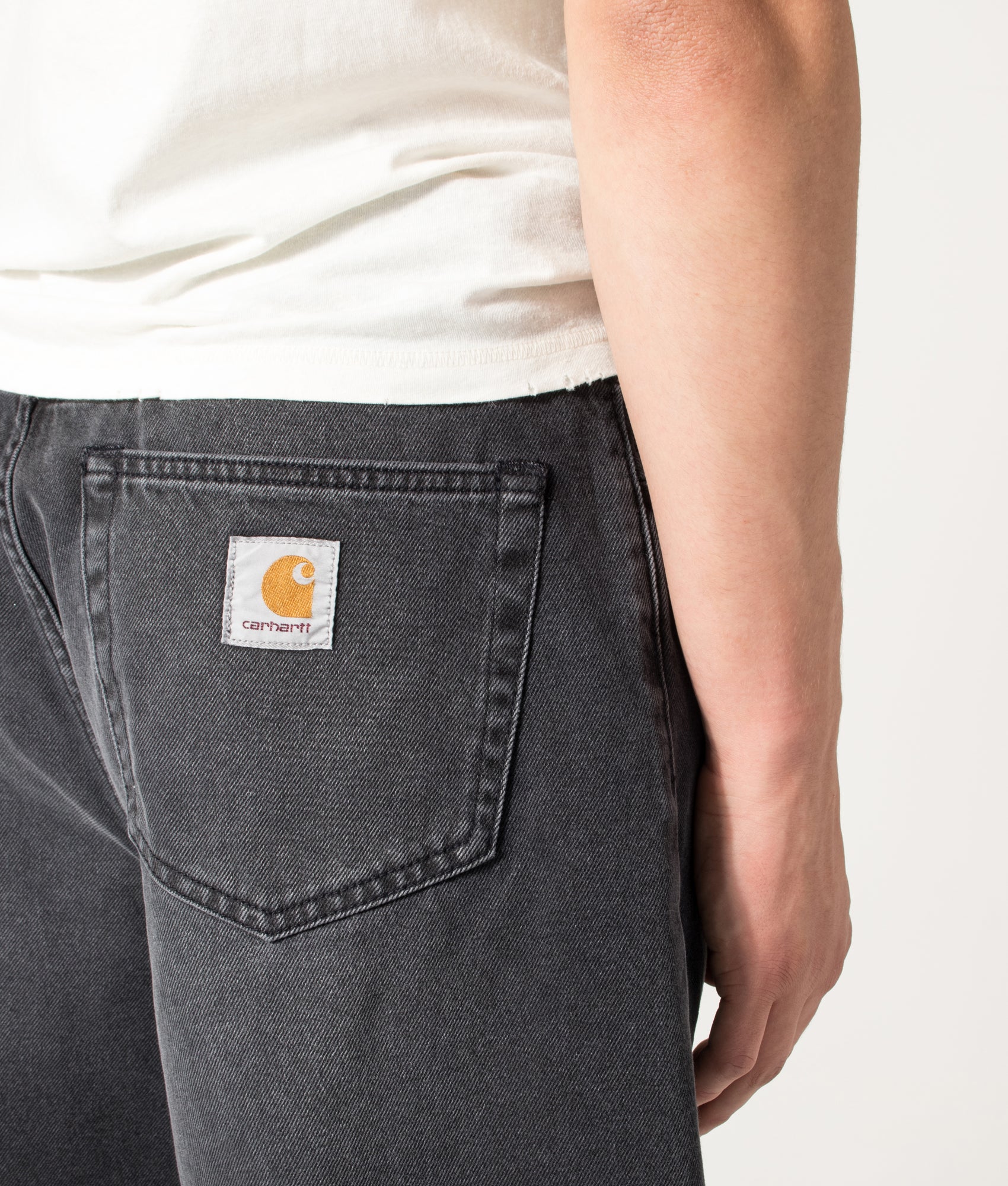 Carhartt WIP Loose Fit Landon Denim Shorts in Worn Bleached Black at EQVVS Menswear. Back detail shot.