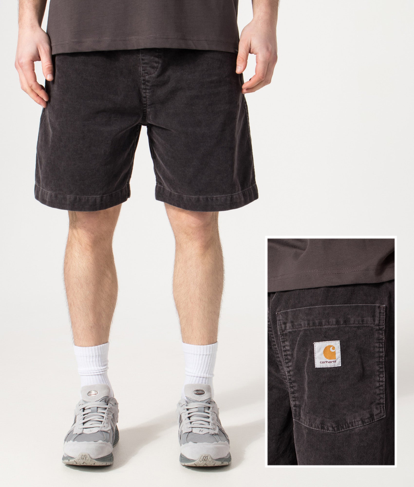 Carhartt WIP Relaxed Fit Reynold Shorts  in Shale at EQVVS Menswear. Front and back shot.
