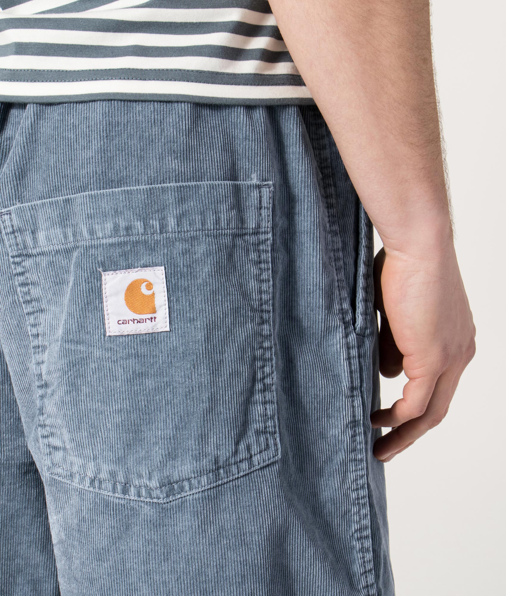 Carhartt WIP Relaxed Fit Reynold Shorts  in Cozy Blue at EQVVS Menswear. Back detail shot.