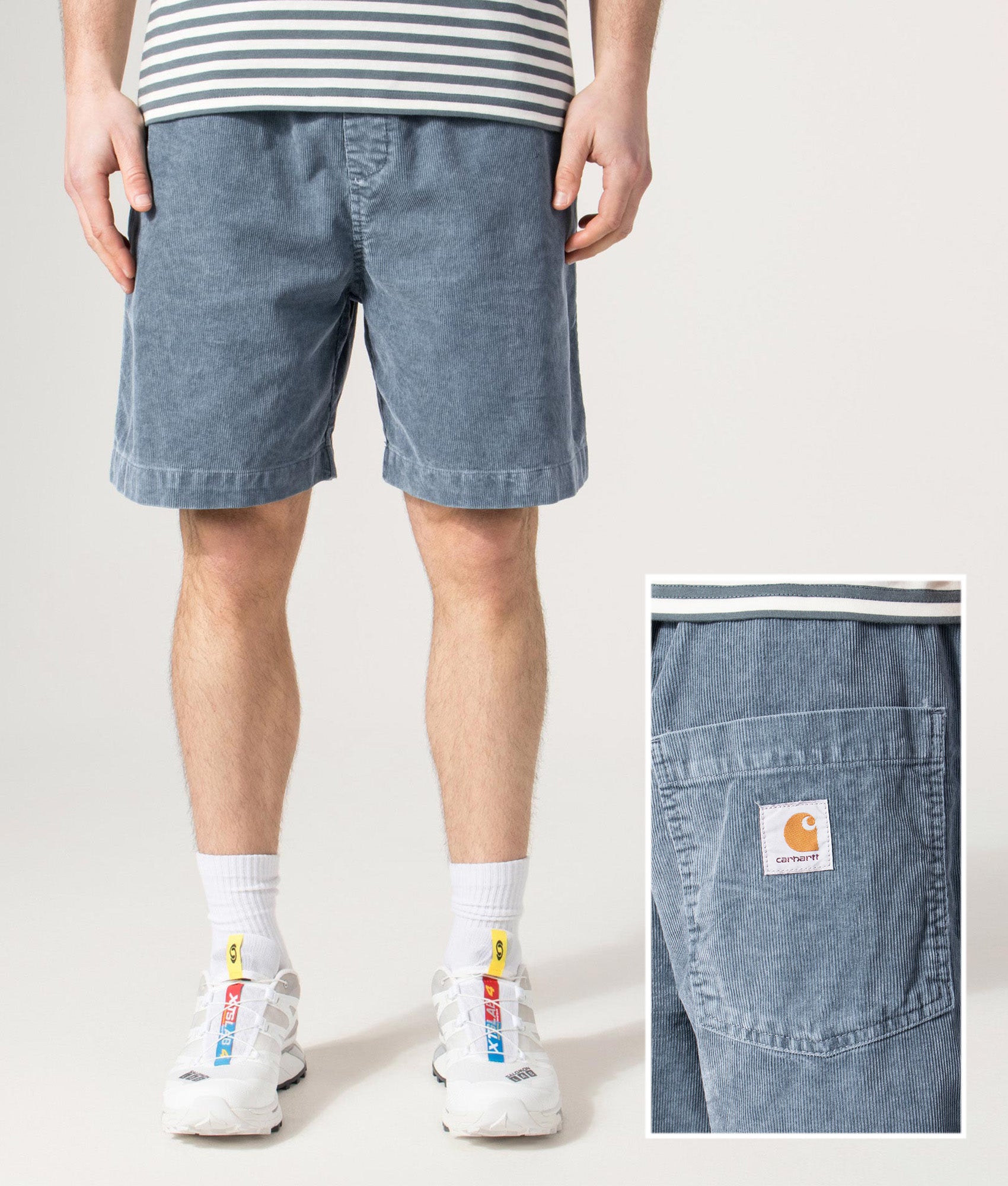 Carhartt WIP Relaxed Fit Reynold Shorts  in Cozy Blue at EQVVS Menswear. Front and back shot.