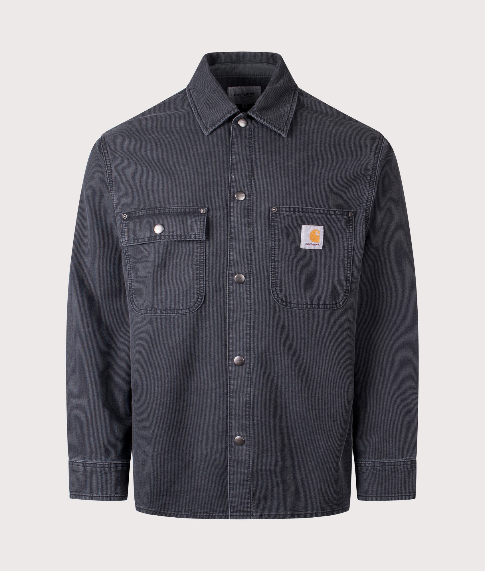 Carhartt WIP Parrish Overshirt in Obsidian at EQVVS Menswear. Front shot.
