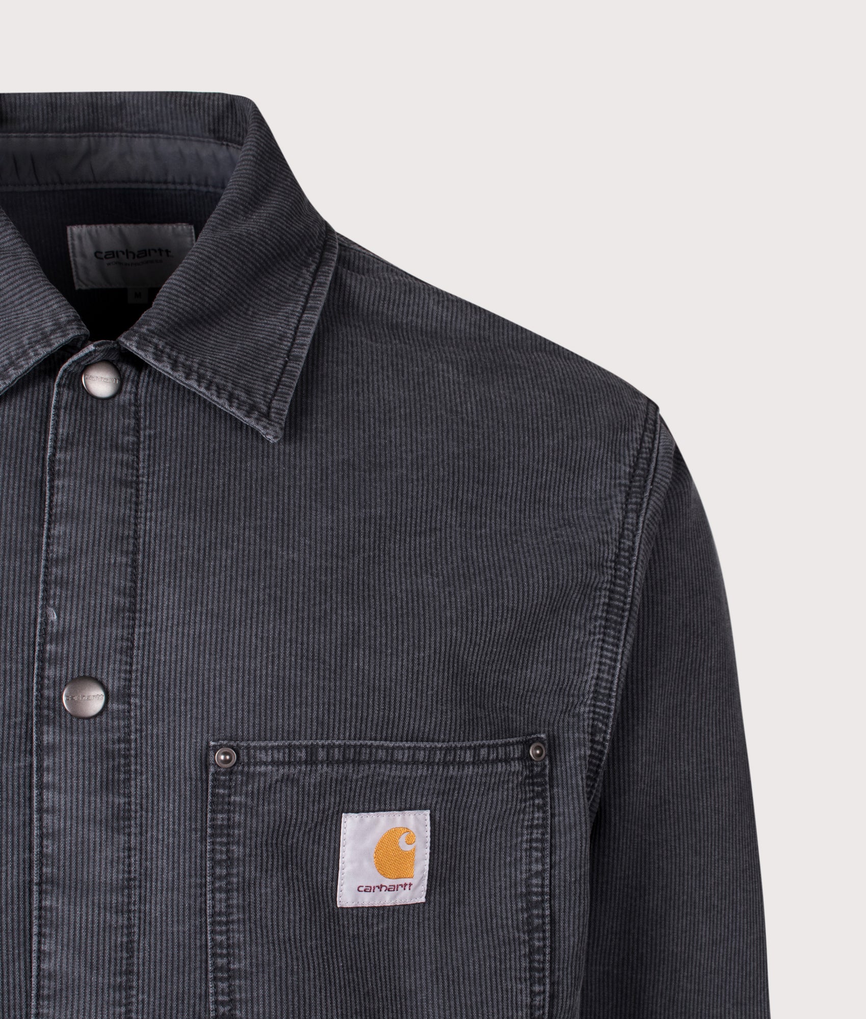 Carhartt WIP Parrish Overshirt in Obsidian at EQVVS Menswear. Detail shot.