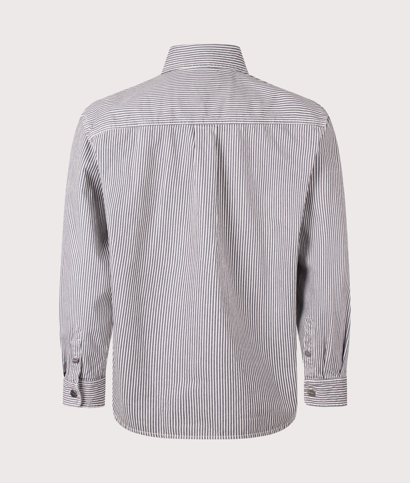 Carhartt WIP Hickory Stripe Mercer Overshirt in Graphite and Wax at EQVVS  Menswear. Back shot.