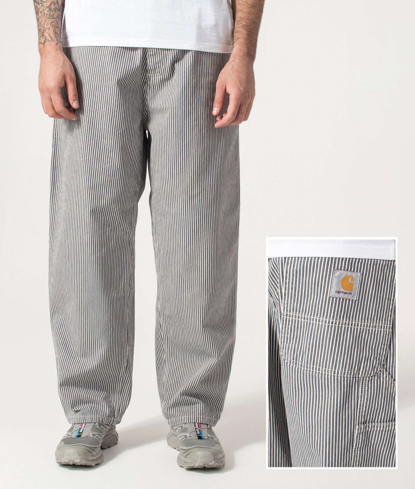Carhartt WIP Relaxed Fit Mercer Single Knee Pants in Mercer Stripe, Graphite and Wax at EQVVS Menswear. Front and back shot.
