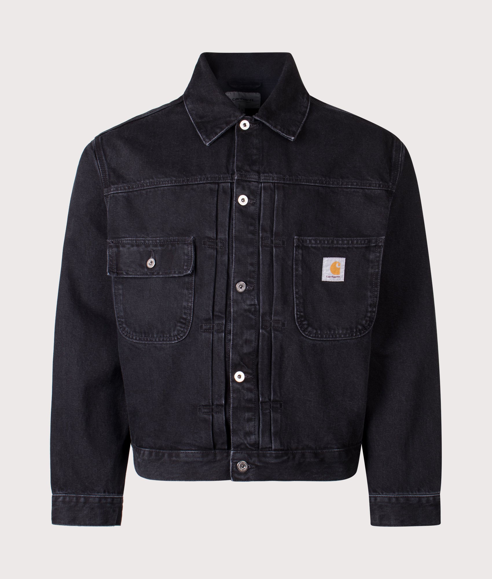 Belmar Jacket in Black Stone Washed by Carhartt WIP. Shot by EQVVS. Front shot.