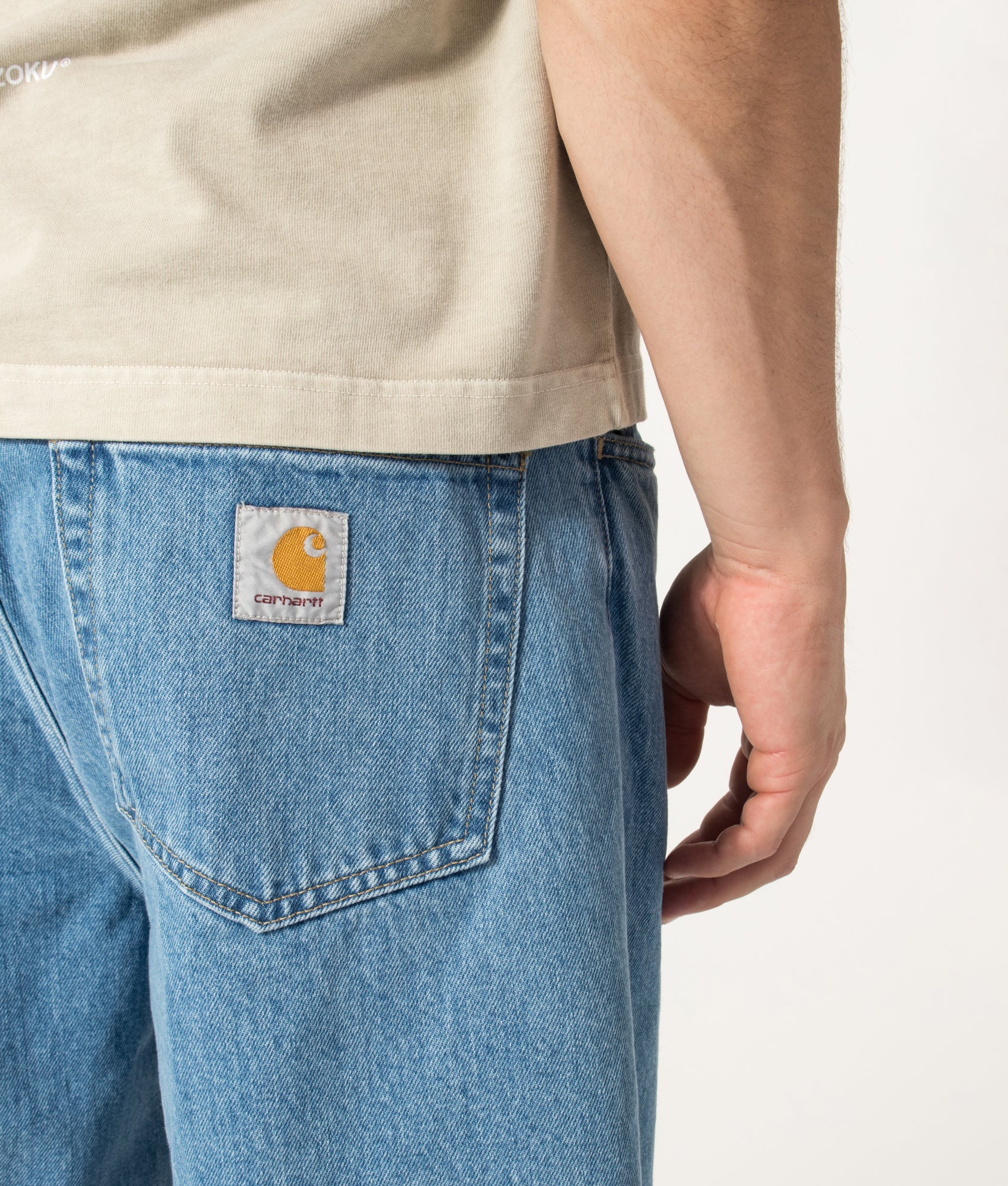 Carhartt WIP Loose Fit Langdon Denim Shorts in Blue at EQVVS Menswear. Detail shot.