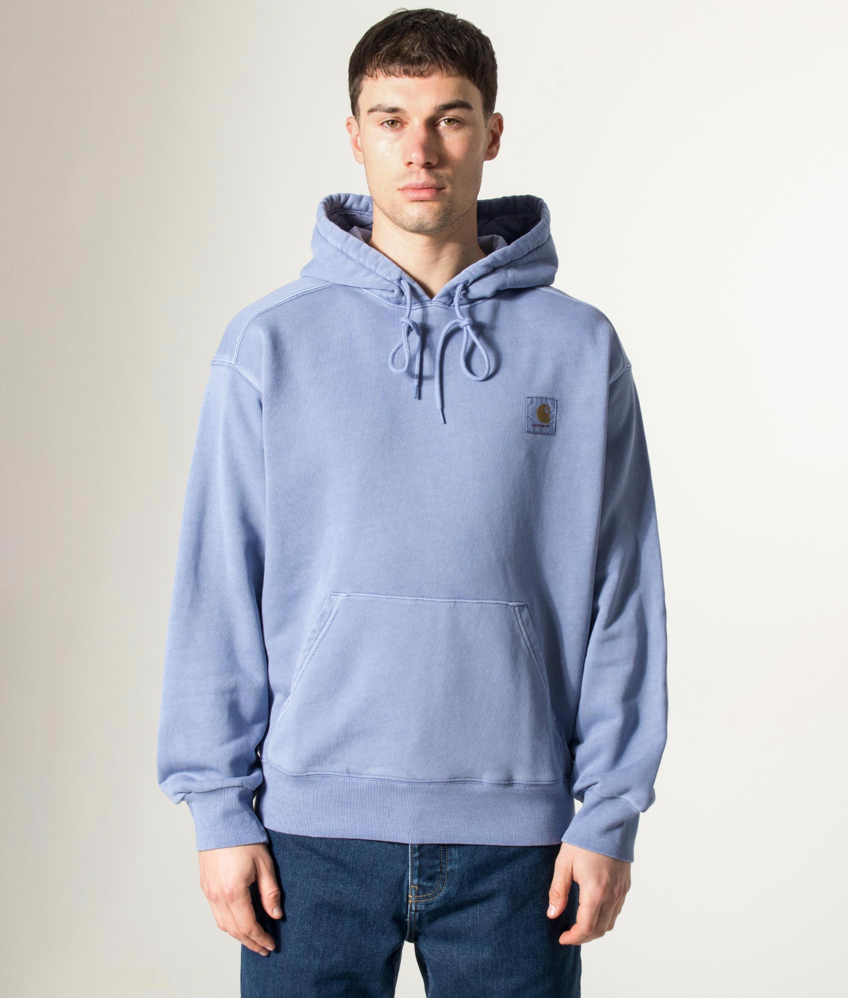 Carhartt WIP Oversized Nelson Sweatshirt in Gentle Blue at EQVVS Menswear. Model front shot.